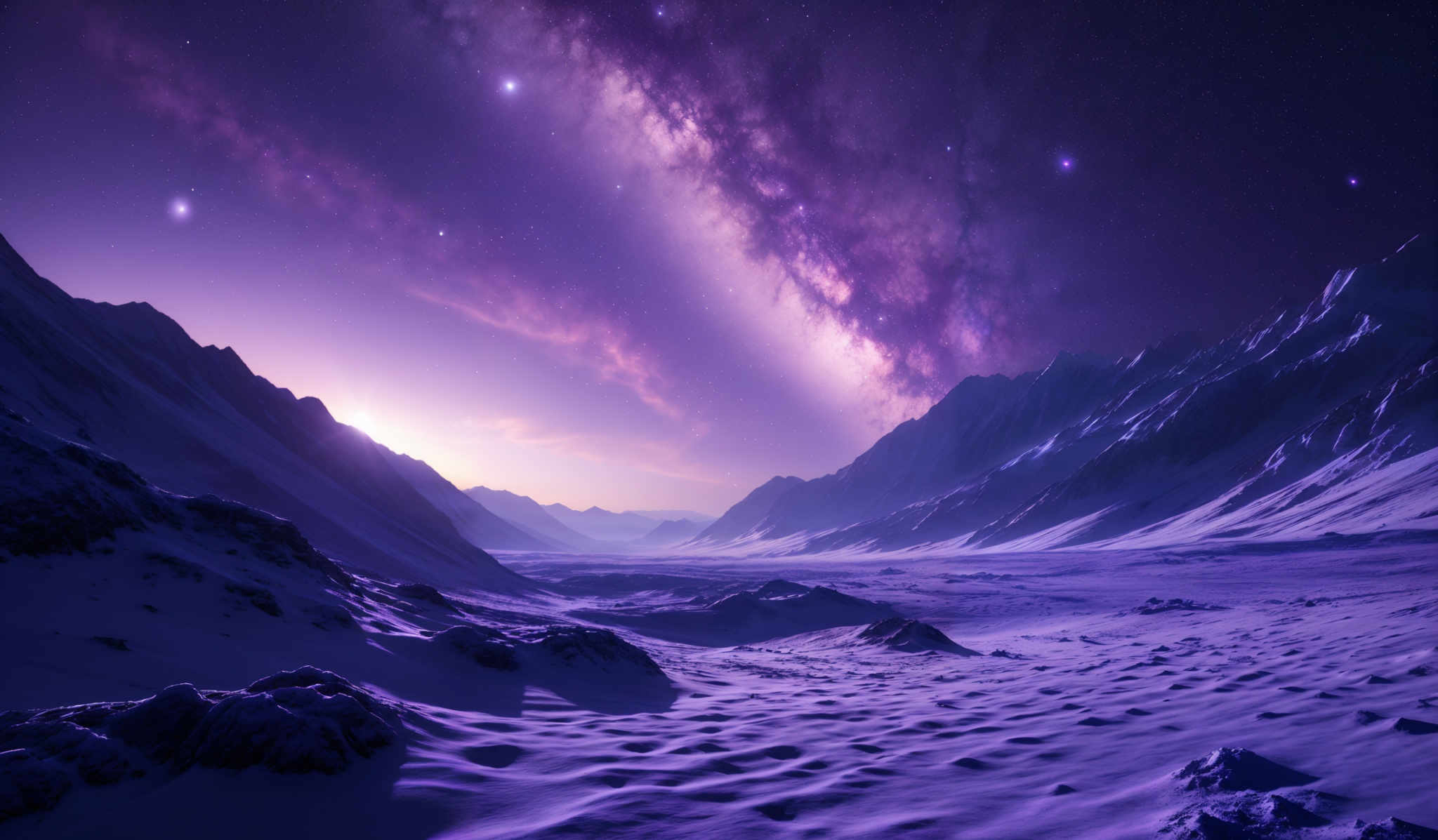 The image showcases a breathtaking celestial landscape. The dominant colors are shades of purple, blue, and white. The Milky Way galaxy stretches across the sky, displaying a myriad of stars, nebulae, and cosmic dust. The terrain below is snow-covered, with jagged mountain peaks rising majestically. The valleys between the mountains are filled with what appears to be a frozen body of water, reflecting the celestious beauty above. The overall scene is both serene and awe-inspiring, capturing the vastness and beauty of the universe.