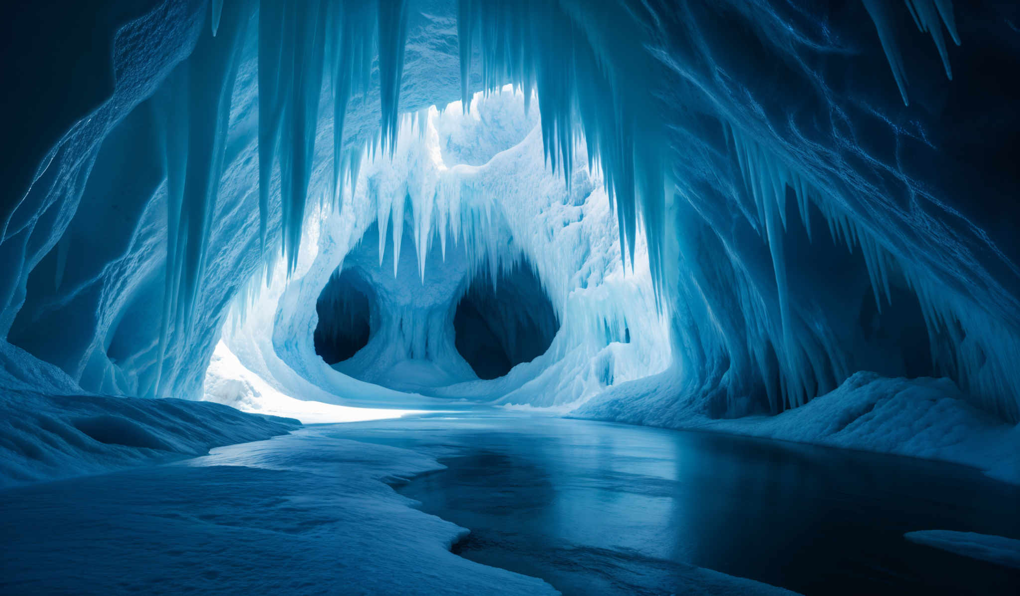 Gaze upon a mesmerizing ice cave, its crystalline walls adorned with jagged spikes. Sunlight streams through a central opening, casting an ethereal glow on the frozen river below. The cave's depth beckons, promising secrets of ancient winters. Icy formations dance across the ceiling, nature's own chandeliers. This frigid paradise whispers tales of polar bears and penguins, inviting exploration and wonder.