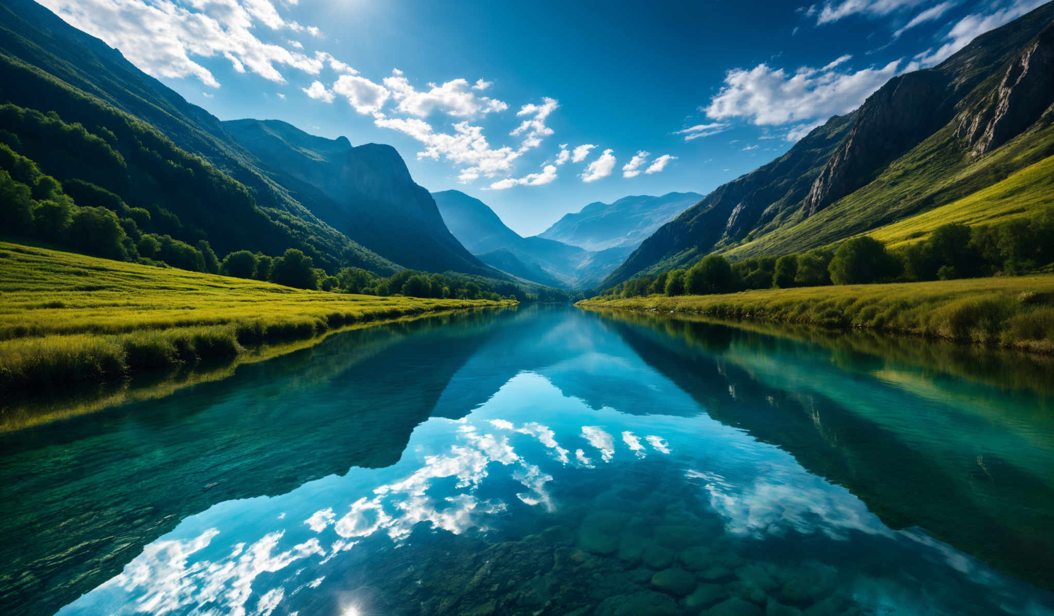 The image showcases a breathtaking landscape with vibrant colors. The sky is a clear blue with scattered white clouds. The mountains are steep and rugged, with green vegetation covering their slopes. A serene lake reflects the mountains and the sky, creating a mirror image. The lake's water is clear, revealing some rocks beneath. The grassy meadows on either side of the lake are lush green, and there's a sense of tranquility and untouched beauty in the scene.