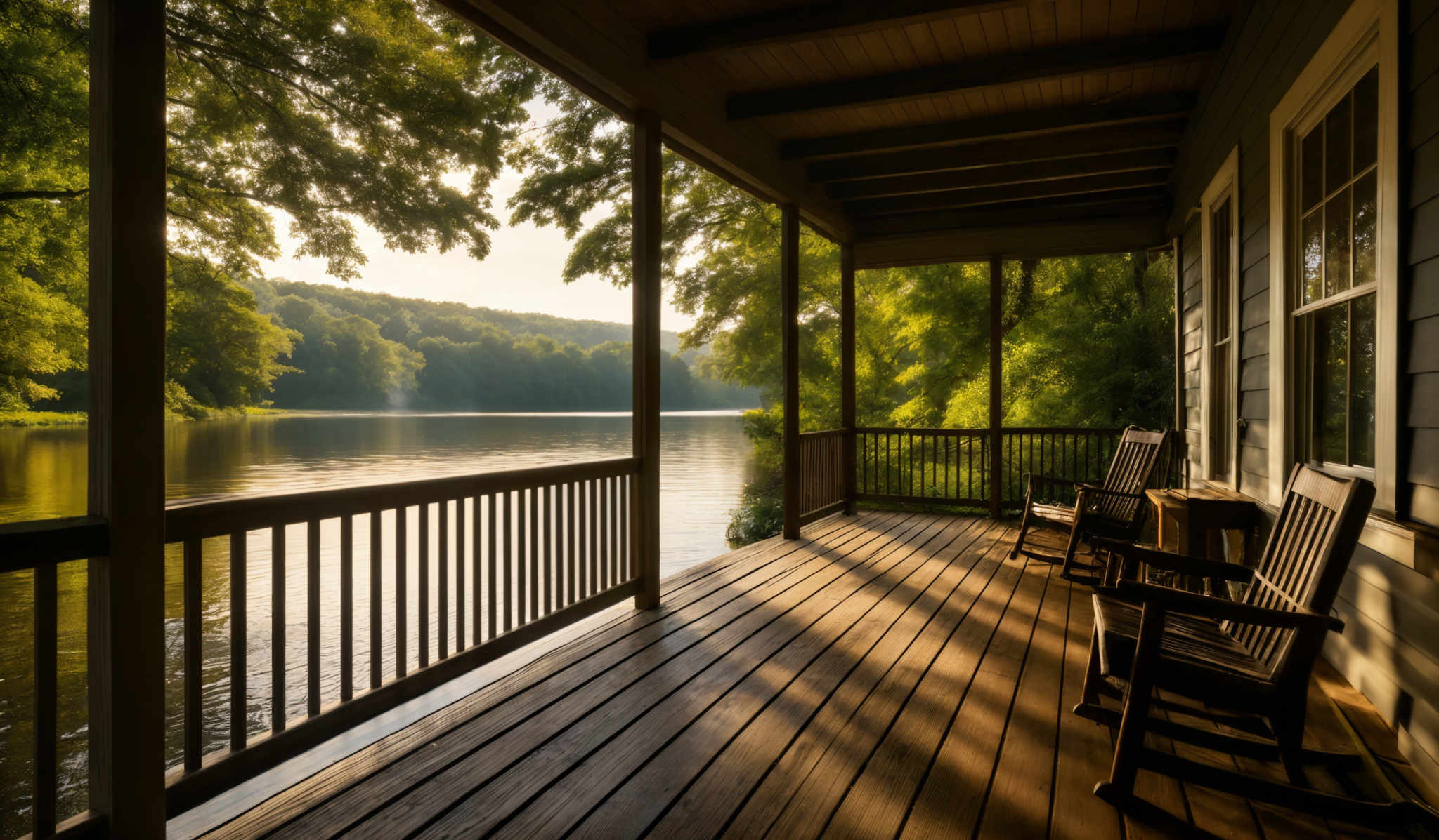 The image showcases a serene lakeside view from a wooden deck of a house. The dominant colors are the golden hues of the setting or rising sun, the deep green of the trees, and the calm blue of the water. The deck itself is made of dark wooden planks, and there are two wooden rocking chairs placed facing the lake. The house has a gray exterior with white trim, and a wooden ceiling can be seen overhead. The trees surrounding the lake are dense, with their branches casting shadows on the water and the deck. The sunlight filters through the trees and casts a warm glow over the entire scene.