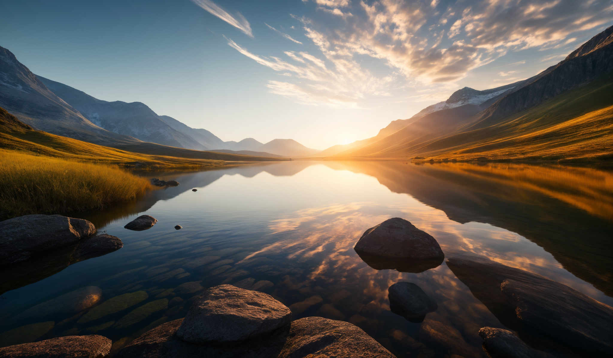 The image showcases a breathtaking landscape during what appears to be sunset or sunrise. The sky is painted with hues of blue, orange, and gold, with wispy clouds scattered across. The sun casts a warm, golden light that illuminates the mountains and the valley below. The mountains are tall and rugged, with some of them having patches of snow on their peaks. The valley is covered in lush green grass, which reflects the golden light from the sky. In the foreground, there's a calm lake with clear waters, reflecting the entire scenery. Rocks are scattered around the lake, and the water's edge is adorned with tall grasses.