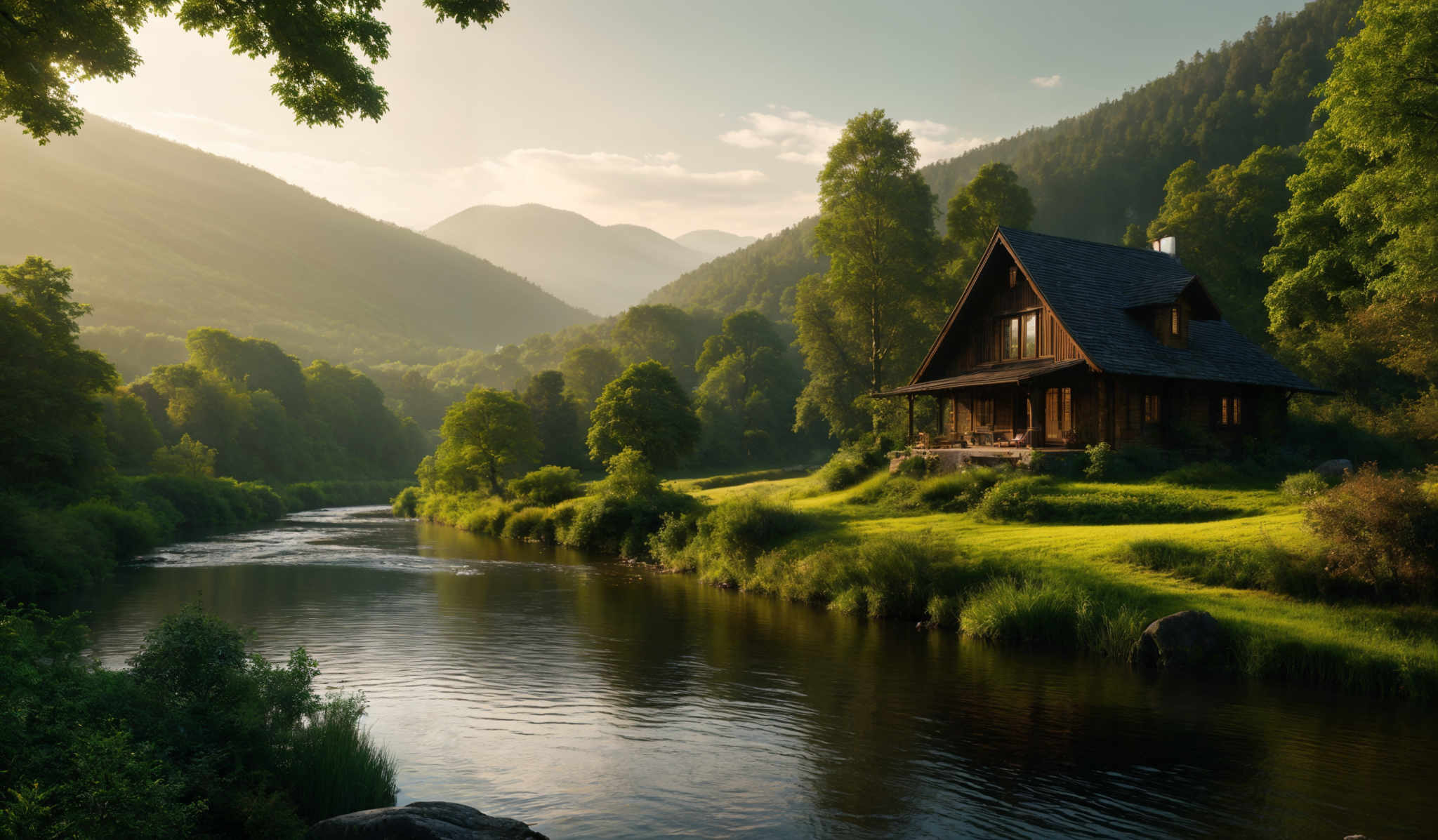 The image showcases a serene landscape with a variety of colors. Dominant hues include the green of the lush trees and grass, the brown of the wooden house, and the blue of the sky and water. The landscape features a house with a sloping roof, situated beside a calm river. The house is surrounded by greenery, including trees and shrubs. In the background, there are majestic mountains, partially covered in mist, and a clear sky with a few clouds. The river reflects the surrounding nature, adding to the tranquility of the scene.