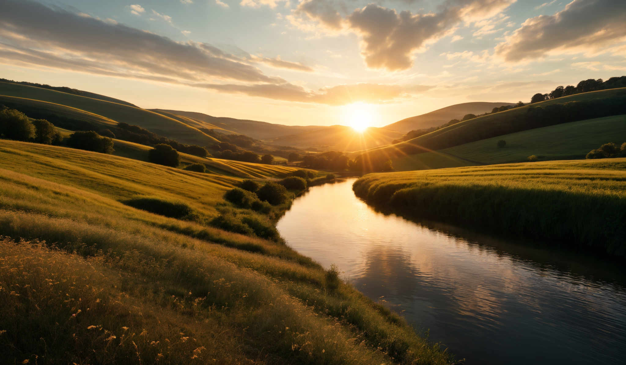 The image showcases a picturesque landscape during sunset. The dominant colors are warm hues of orange, gold, and green. The sun is positioned near the horizon, casting a golden glow over the scene. The landscape consists of rolling hills covered in lush green grass, interspersed with patches of trees. A serene river or stream winds its way through the valley, reflecting the sun's rays. The sky is painted with soft clouds, and the overall ambiance is tranquil and serene.