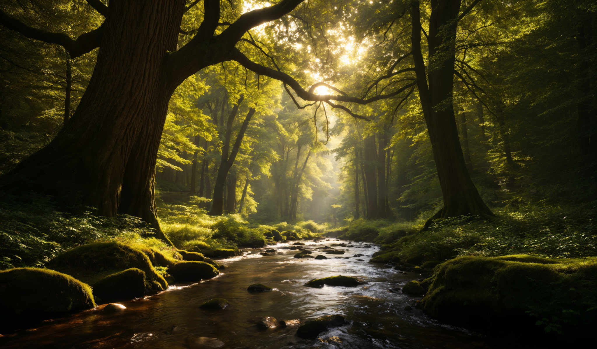 The image showcases a serene forest scene. Dominant colors include various shades of green from the dense foliage, brown from the tree trunks and the ground, and a soft golden hue from the sunlight filtering through the trees. The forest is dense with tall trees, some of which have large, sprawling branches. A gentle stream flows through the forest, with smooth, rounded stones scattered across its surface. The sunlight pierces through the canopy, casting a warm glow and creating a play of light and shadow on the forest floor.