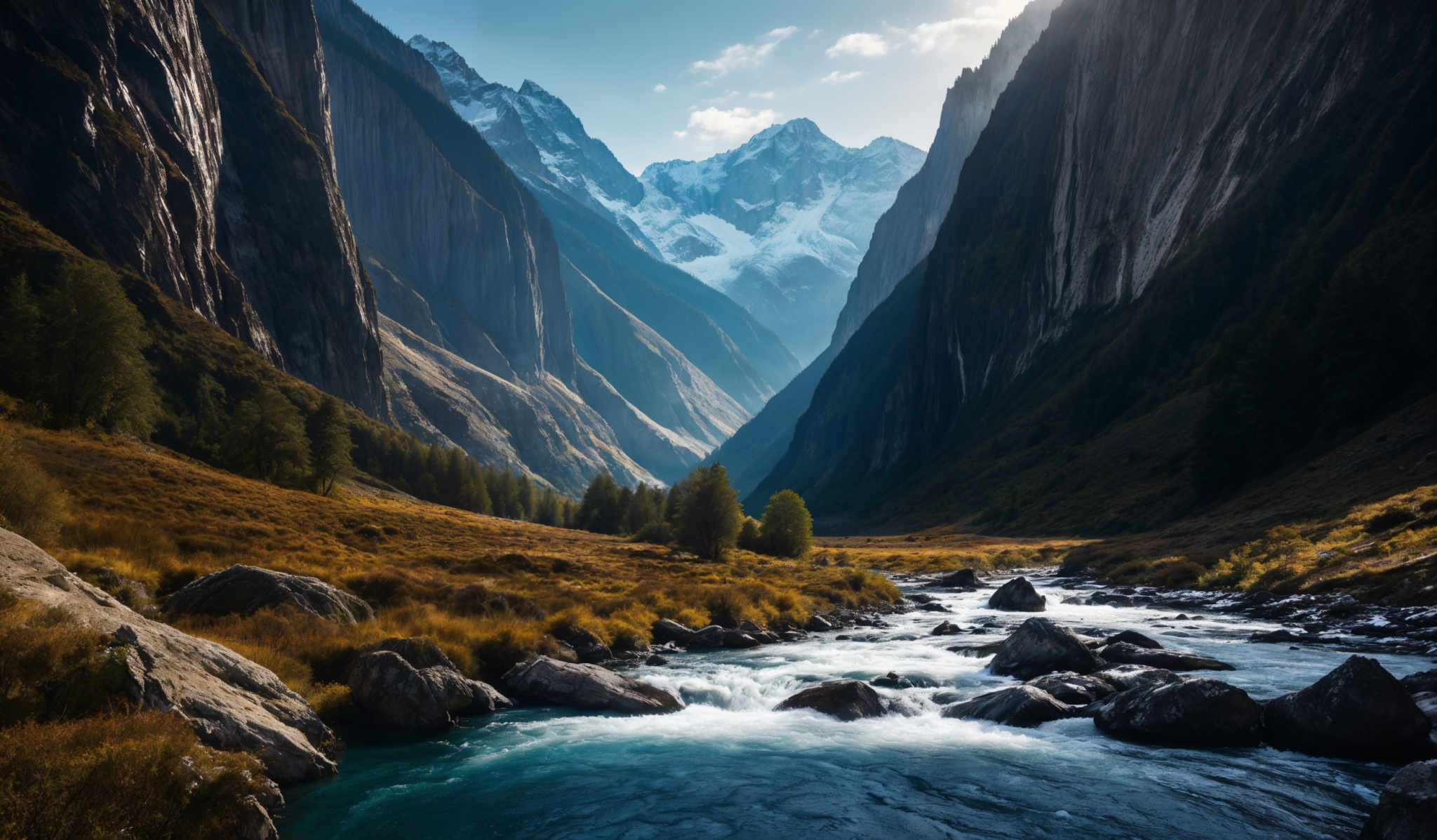 The image showcases a breathtaking landscape with towering cliffs on either side. The cliffs are steep and have a rugged texture, with some areas appearing to be eroded, revealing layers of rock. The sky above is clear with a hint of clouds, allowing sunlight to illuminate the scene. In the middle, there's a serene river with a fast-flowing current, surrounded by rocks and boulders. The riverbed is covered with golden-yellow grass, and a few trees can be seen on the banks. In contrast, the background is dominated by majestic snow-capped mountains, which appear to be part of a larger mountain range.