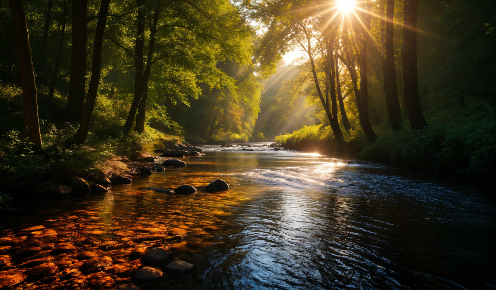 The image showcases a serene forest scene during what appears to be early morning or late afternoon. The sun's rays pierce through the dense canopy of tall trees, casting a warm golden hue over the landscape. The forest floor is lush with green vegetation, and a gentle stream flows through the scene, reflecting the sunlight. The water is clear, revealing the rocks beneath. The overall color palette is dominated by shades of green, brown, and gold, creating a tranquil and picturesque setting.