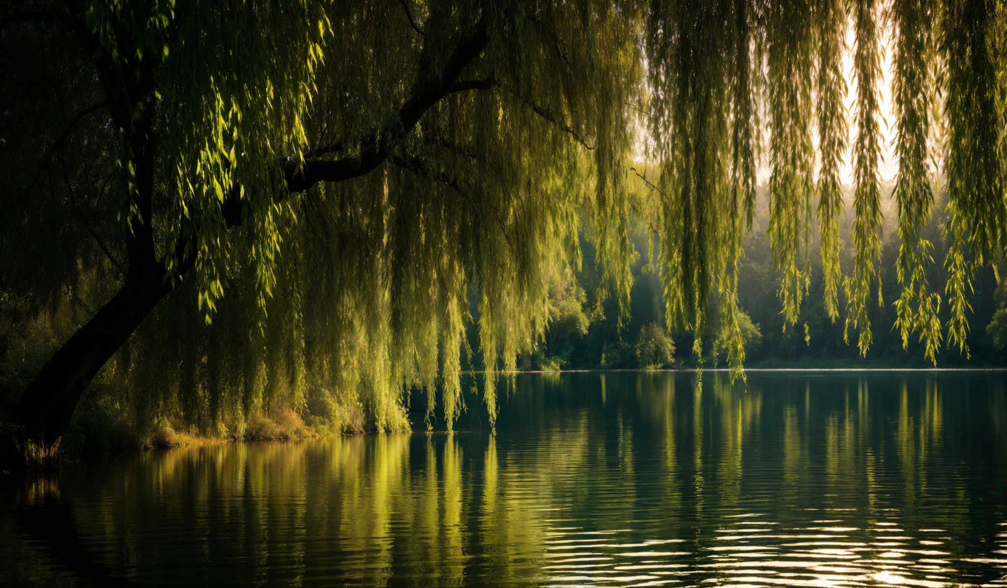 The image showcases a serene landscape with a dominant presence of a weeping willow tree. The tree's branches are draped with long, green, and slightly curved leaves that cascade downwards. The leaves are illuminated by a soft, golden light, giving them a luminous appearance. The water below reflects the tree and the surrounding greenery, creating a mirror-like effect. The background reveals a dense forest with trees that are slightly obscured by the mist or fog, adding to the dreamy ambiance of the scene.