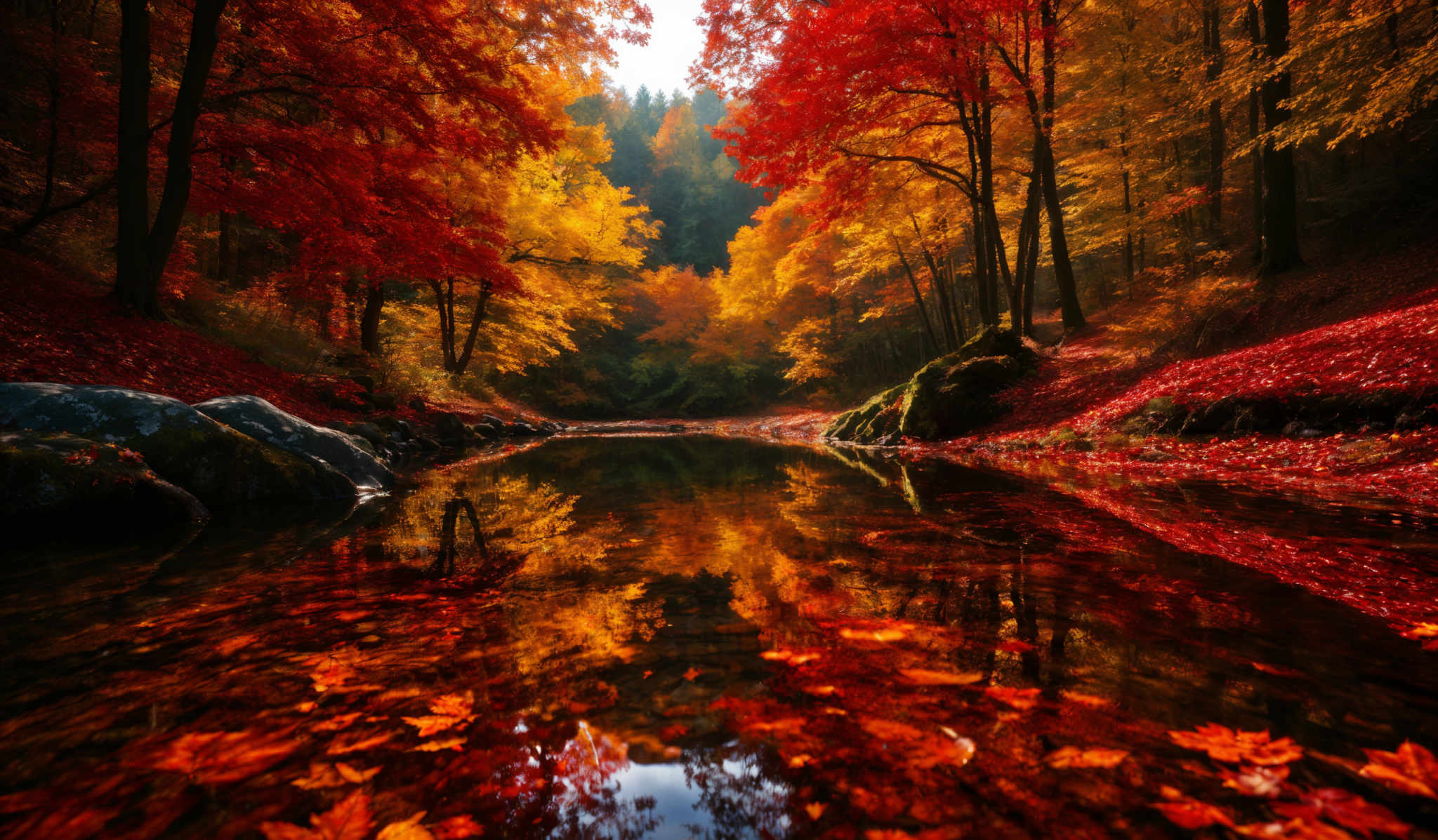 The image showcases a breathtaking autumnal scene. The dominant colors are vibrant shades of red, orange, and yellow, representing the fall foliage. The trees are tall and slender, with their leaves displaying a brilliant array of colors. The ground is carpeted with fallen leaves, creating a rich, red-orange mosaic. A serene river flows through the center, reflecting the trees and their colors perfectly. The water is calm, with a few rocks visible near the riverbank. The overall ambiance is tranquil, with the beauty of nature in full display.