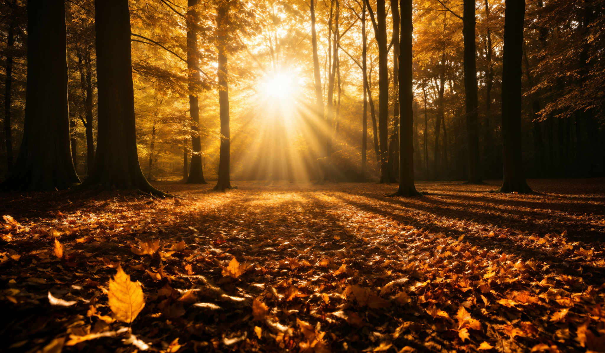 The image showcases a serene forest scene during autumn. The dominant colors are warm hues of orange, yellow, and brown, representing the fall foliage. The trees are tall and slender, with their trunks prominently visible. The ground is covered with fallen leaves, creating a carpet-like appearance. Sunlight filters through the trees, casting long shadows and creating a golden glow. The sun's rays pierce through the canopy, creating an ethereal atmosphere.