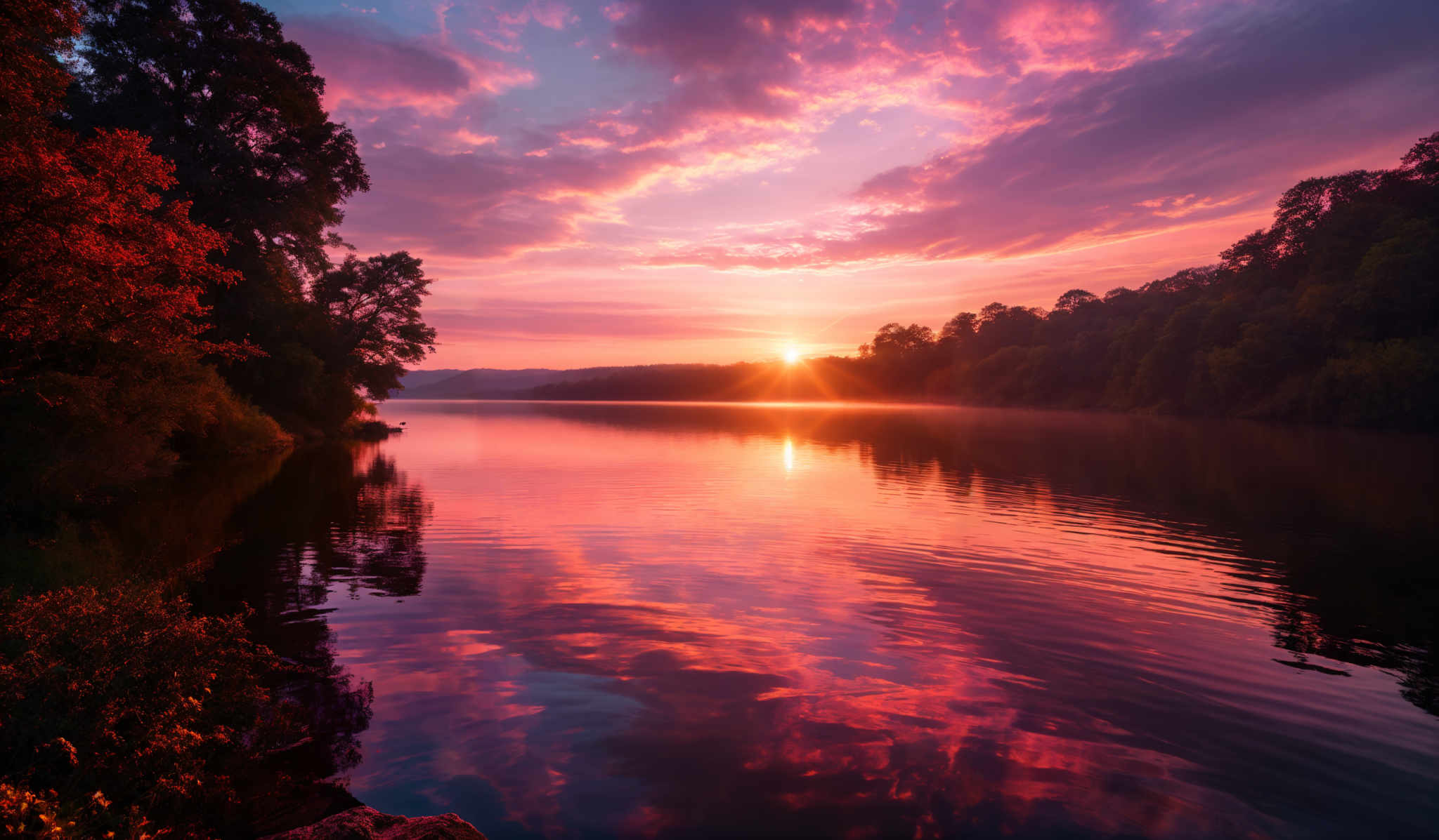 The image showcases a breathtaking sunset over a calm lake. The sky is painted with hues of pink, purple, and orange, with the sun casting a golden glow. The sun's reflection shimmers on the water's surface, creating a mirror-like effect. On the left, there's a dense cluster of trees with vibrant red foliage, contrasting beautifully with the cooler tones of the sky. The horizon is lined with a series of hills or mountains, silhouetted against the setting sun.