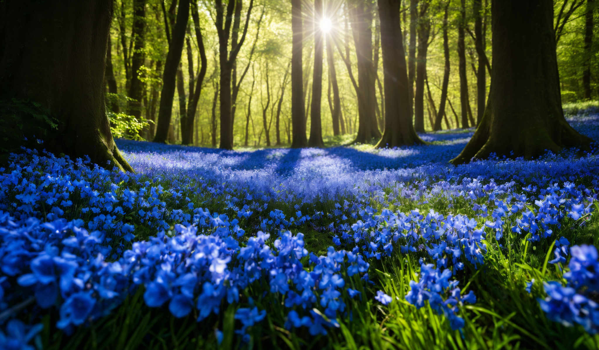 The image showcases a serene forest scene during what appears to be early morning or late afternoon, given the angle of the sunlight. The sun's rays pierce through the tall trees, casting a warm, golden hue over the landscape. The ground is carpeted with vibrant blue flowers, possibly bluebells, which contrast beautifully with the lush green foliage. The trees have a tall and slender shape, with their trunks prominently visible. The overall ambiance of the image is tranquil and ethereal.