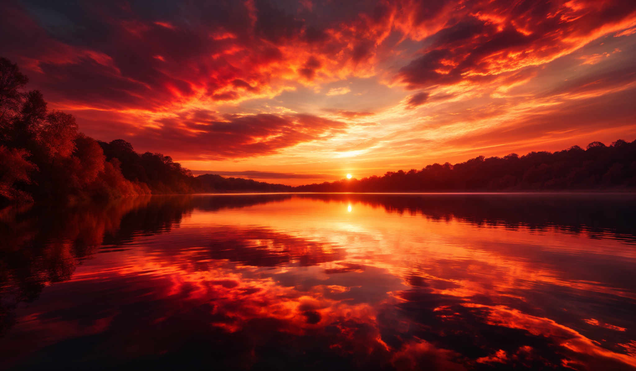 The image showcases a breathtaking sunset over a calm body of water. The sky is painted with vibrant hues of red, orange, and gold, with dramatic cloud formations reflecting the fiery colors. The sun is positioned near the horizon, casting a golden glow over the water. On the right side, there's a dense cluster of trees, their foliage illuminated by the setting sun, creating a contrast with the darker silhouette of the trees on the left. The water mirrors the sky's colors, creating symmetrical reflections.