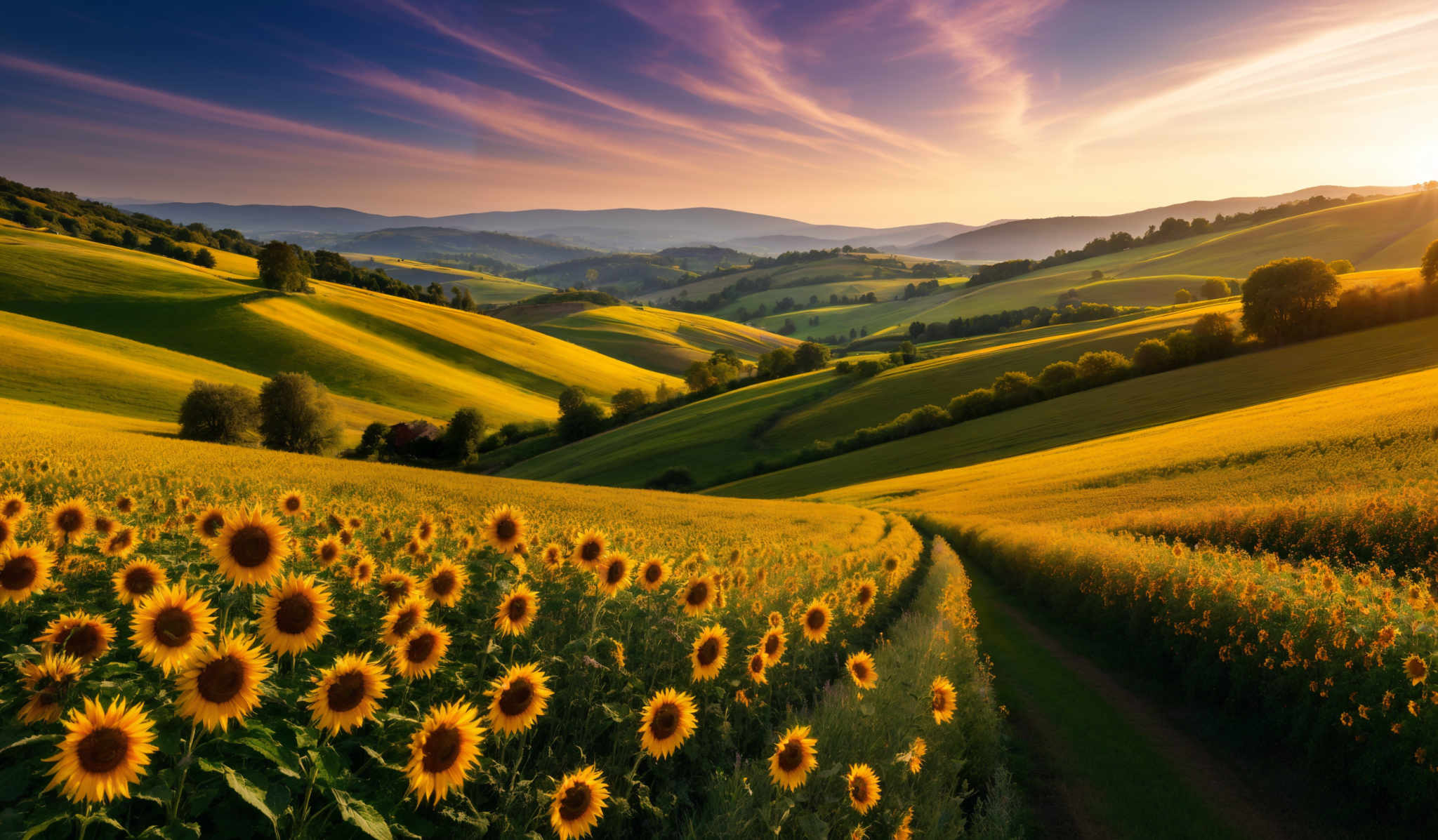 The image showcases a breathtaking landscape during sunset. The sky is painted with hues of purple, pink, and orange, with the sun casting a golden glow. The rolling hills are covered in lush green grass, interspersed with fields of vibrant yellow sunflowers. A pathway meanders through the sunflower field, leading the viewer's eye towards the distant hills. The play of light and shadow creates a dynamic contrast, highlighting the contours of the landscape.