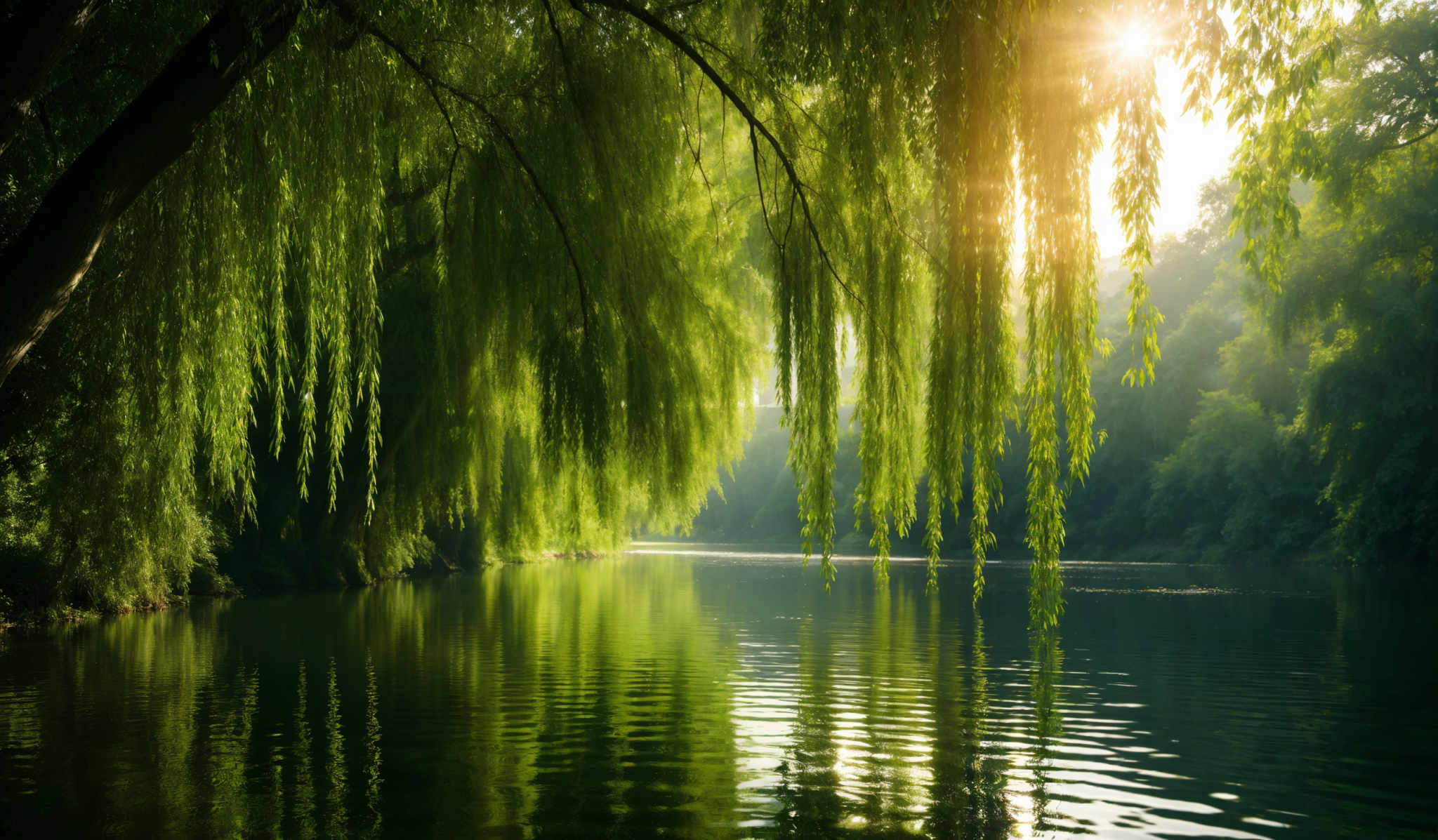 The image showcases a serene natural setting. Dominant colors are various shades of green, representing the dense foliage of trees. The trees have a cascading, willow-like appearance with long, draping branches. The water below reflects the trees and the sunlight, creating a mirror-like effect. The sunlight pierces through the canopy, casting a warm, golden glow. The overall shape is organic and flowing, with the trees seemingly swaying with the breeze.