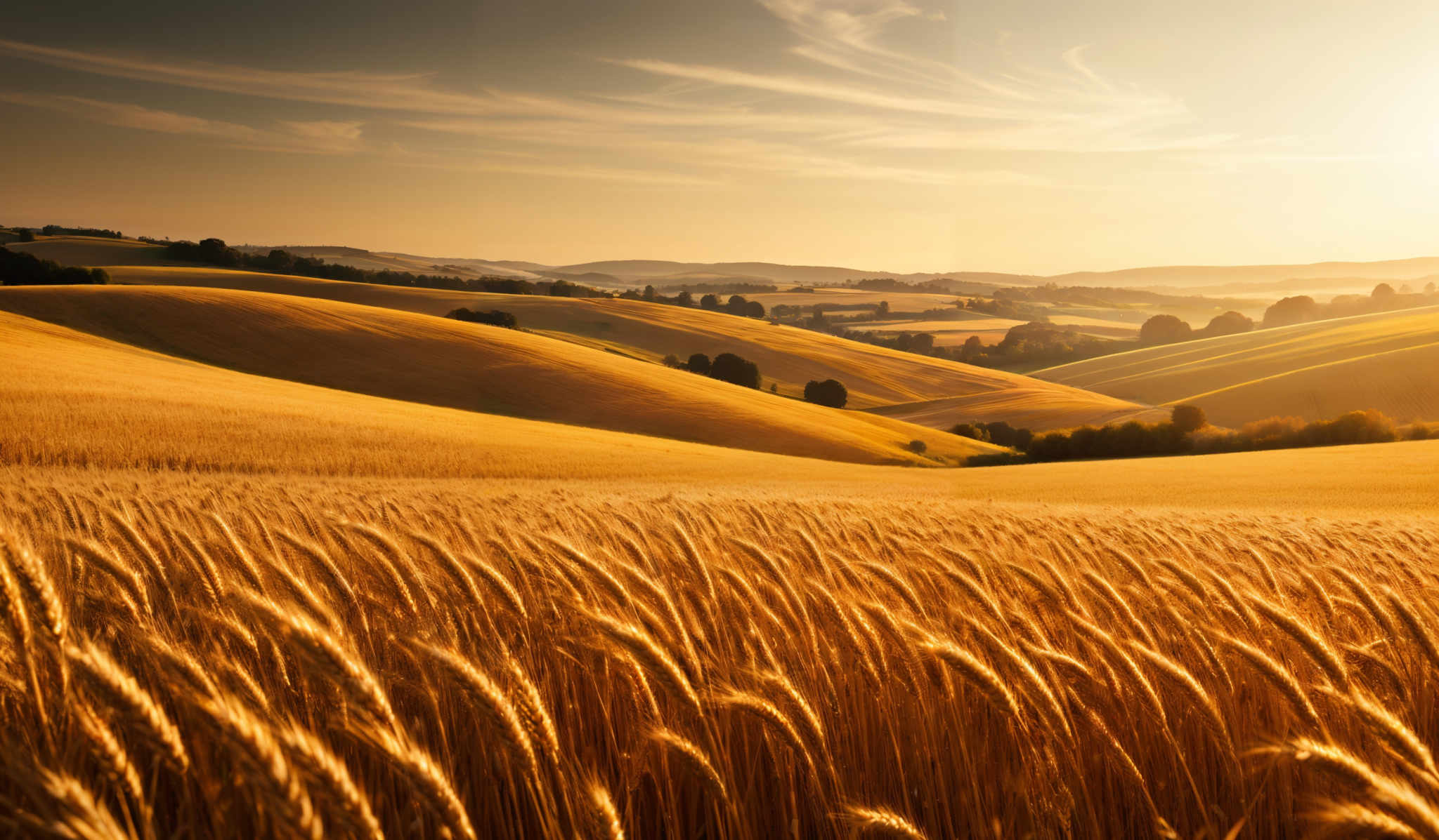 The image showcases a vast landscape dominated by golden hues, likely from a wheat field in full bloom. The foreground is filled with tall, ripe wheat stalks that glow with a warm, amber light. These stalks are densely packed and seem to sway slightly, creating a rhythmic pattern. The middle ground reveals undulating hills covered in a similar golden hue, suggesting a vast expanse of cultivated land. The background is bathed in a soft, diffused light, with distant hills and trees providing a serene backdrop. The sky above is painted with soft, wispy clouds, and the sun casts a gentle glow, illuminating the entire scene.