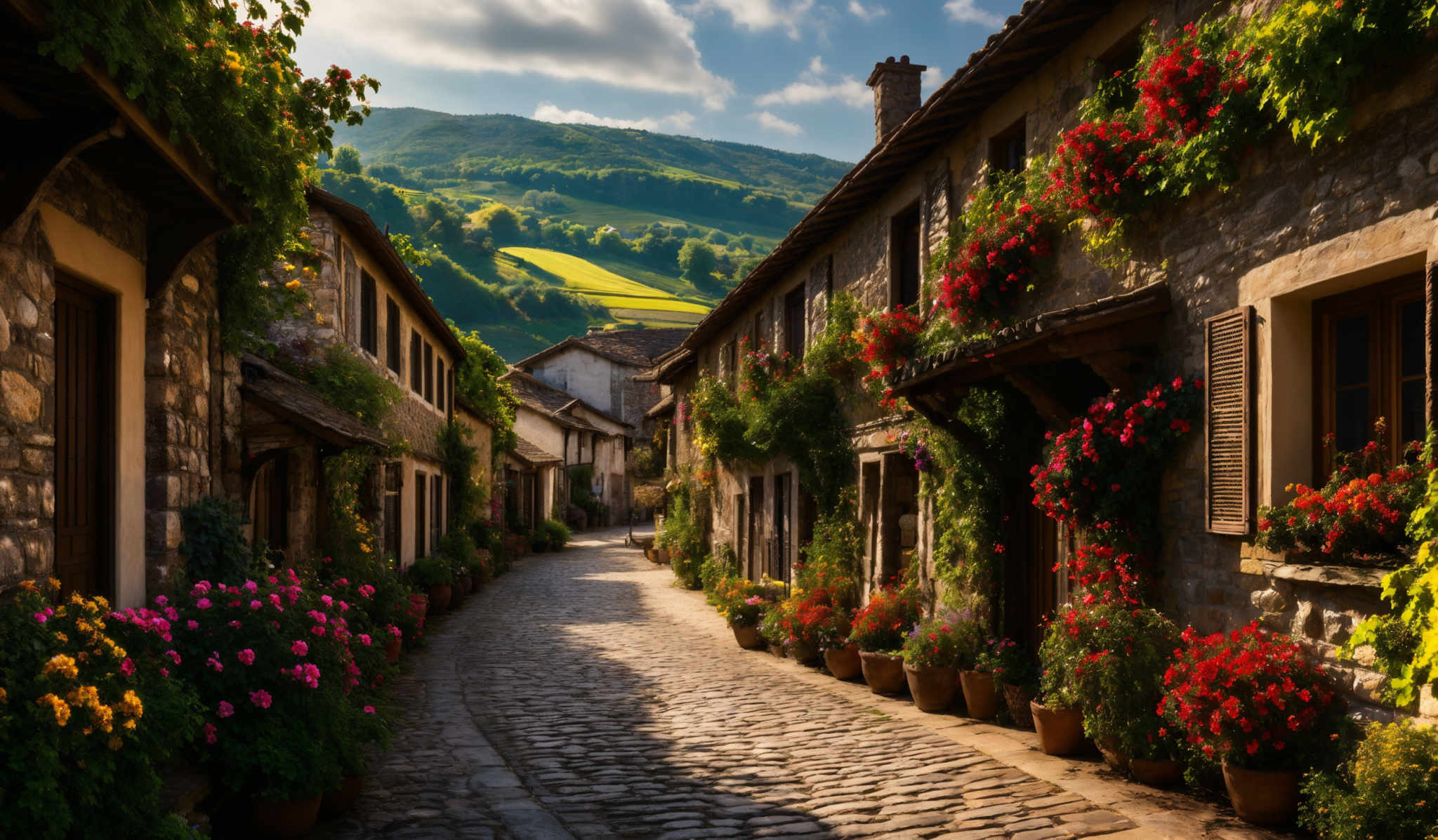 The image showcases a picturesque cobblestone street lined with old stone buildings. The buildings have a rustic charm, adorned with wooden shutters and windows. The facades of these buildings are covered in lush green ivy and vibrant flowers in shades of red, pink, yellow, and purple. The street itself is paved with cobbles, and the shadows cast by the buildings create a serene ambiance. In the background, there are rolling hills covered in greenery, and a clear blue sky with a few scattered clouds can be seen.