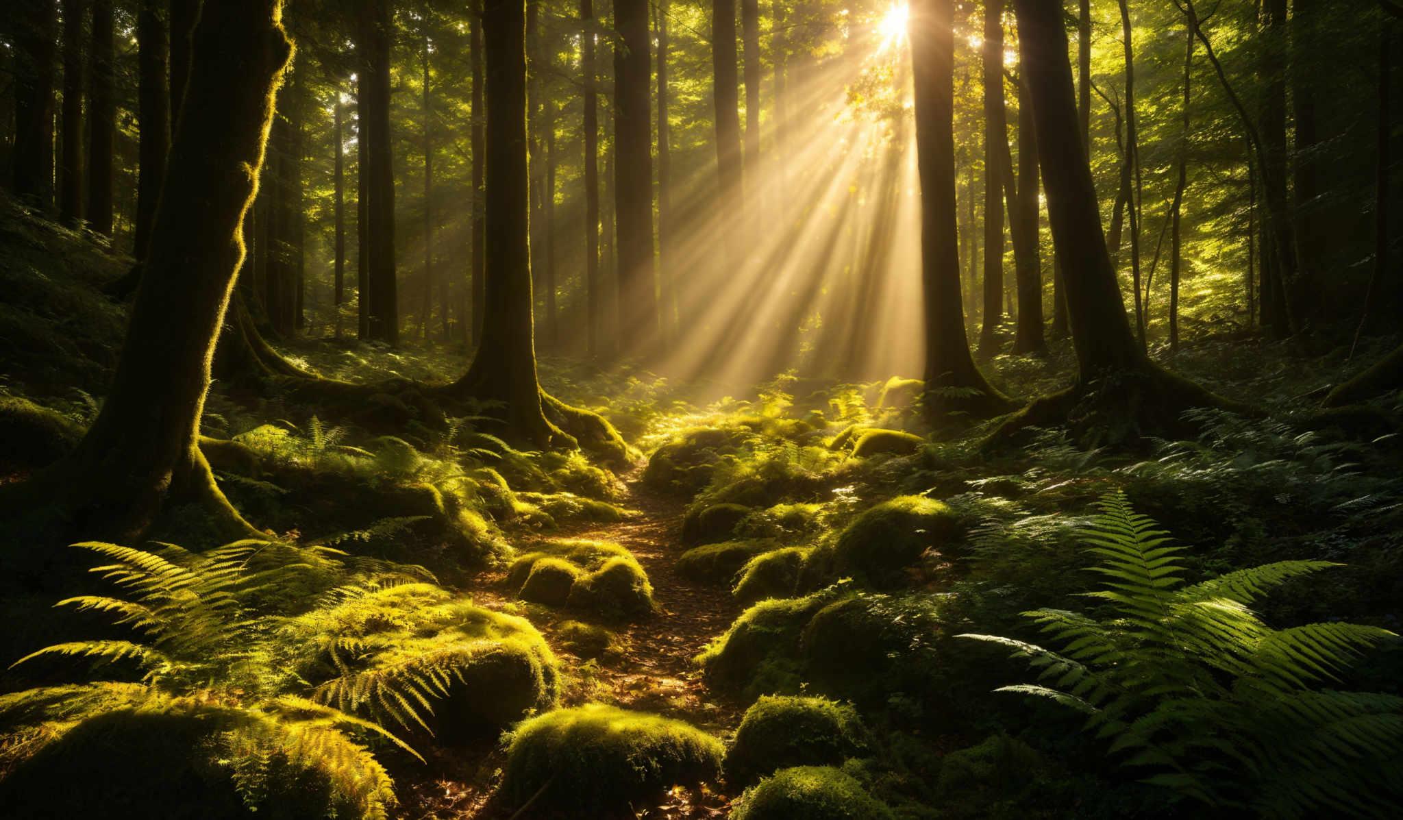 The image showcases a lush forest with tall, straight trees. The trees have a dark brown bark, and their trunks are prominently visible. The forest floor is covered with moss-covered rocks and ferns, which are vibrant green in color. Sunlight is filtering through the trees, casting golden rays and creating a serene ambiance. The overall color palette is dominated by shades of green, brown, and gold.