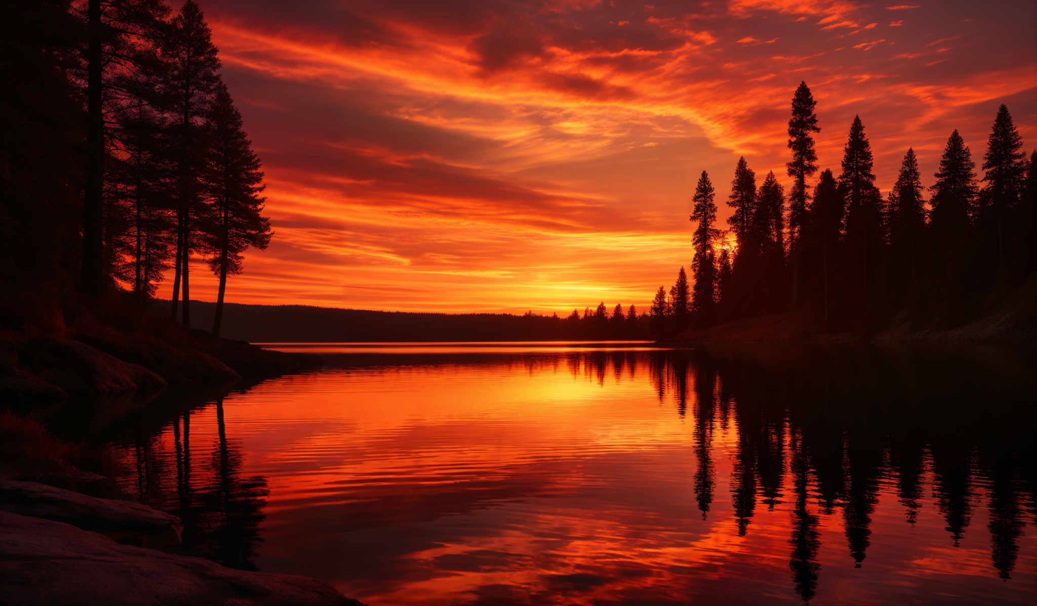 The image showcases a breathtaking sunset over a serene lake. The sky is painted with hues of fiery orange, deep red, and hints of purple, with the clouds reflecting the vibrant colors. The lake's calm waters mirror the sky's fiery display, creating a symmetrical reflection. On the left side of the image, tall pine trees stand tall, their dark silhouettes contrasting against the bright backdrop. The trees' reflection can also be seen in the water. The horizon shows a faint outline of a landmass, possibly a forest or a hill, which is slightly obscured by the vivid colors of the setting sun.