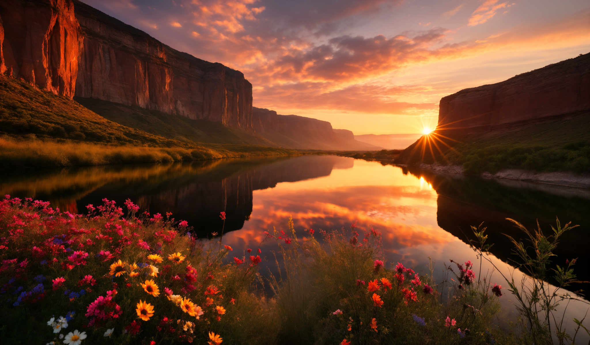 The image showcases a breathtaking landscape during sunset. The sky is painted with hues of orange, pink, and purple, with the sun casting a golden glow. The reflection of the sun and the sky can be seen in the calm waters below. On the left side, there are tall, majestic cliffs with a reddish-brown hue. In the foreground, a vibrant array of wildflowers in colors like red, yellow, and blue can be observed. The entire scene is serene, with a sense of tranquility and awe.