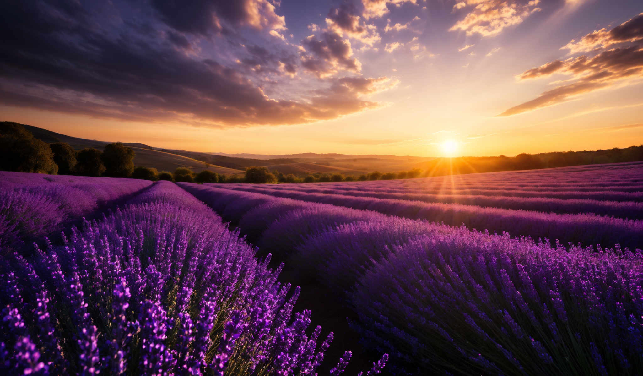 The image showcases a breathtaking landscape during sunset. The sky is painted with hues of orange, gold, and purple, with dramatic clouds casting shadows on the horizon. The sun is positioned near the top right corner, casting a warm golden glow over the scene. Below, a vast field of lavender stretches out in neat rows, with its vibrant purple blooms contrasting beautifully against the earthy tones of the surrounding landscape. Rolling hills and trees can be seen in the distance, silhouetted against the setting sun.