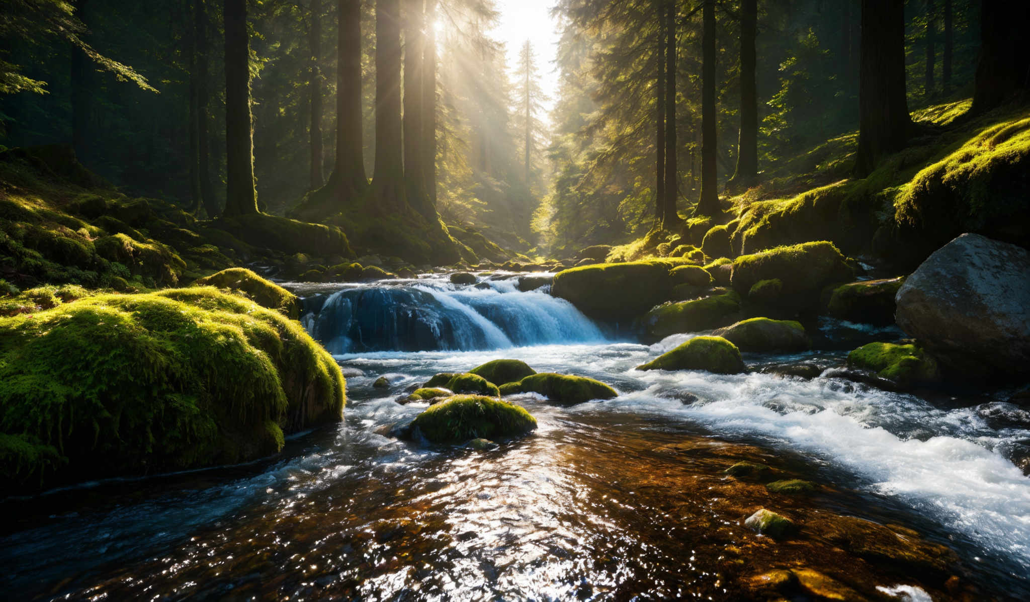 The image showcases a serene forest scene with tall, slender trees that reach upwards, their trunks dark and contrasting against the lighter background. Sunlight filters through the canopy, casting a warm, golden hue over the area. The forest floor is covered in vibrant green moss, which contrasts with the dark rocks and boulders scattered throughout. A small stream flows through the forest, with water cascading over moss-covered rocks, creating a gentle white froth. The water reflects the surrounding greenery and the sunlight, adding to the overall tranquility of the scene.