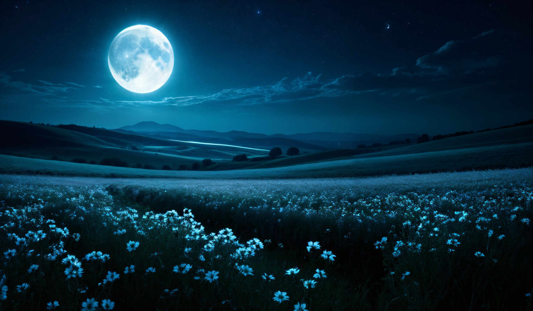 The image showcases a serene night landscape. The dominant color is a deep blue, which gives a sense of calmness and tranquility. The sky is dotted with stars, and there's a prominent full moon illuminating the scene. The moon's cratered surface is clearly visible. Below, rolling hills are covered in what appears to be a field of flowers, glowing in a soft blue hue. The flowers seem to be illuminated, possibly by the moonlight, creating a beautiful contrast against the dark landscape.