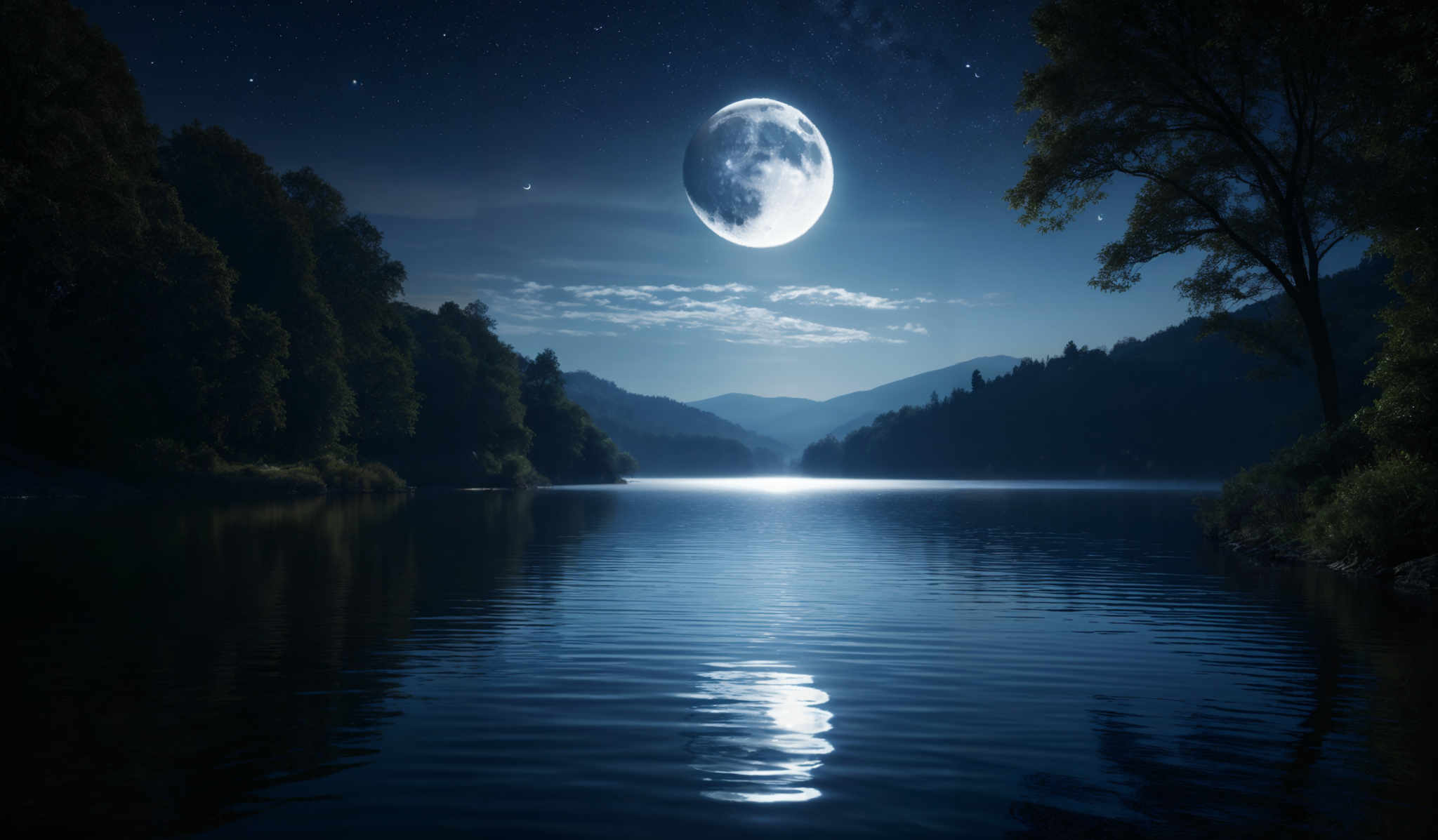 The image showcases a serene nighttime landscape. The dominant colors are deep blues and blacks, representing the night sky and the water. The moon, which is almost full, is a bright white with a slightly bluish tint, casting a luminous glow over the water and the surrounding area. The sky is dotted with stars, adding to the celestial ambiance. In the foreground, there's a calm lake reflecting the moon and the trees on its banks. On the right side, there are tall trees with lush green foliage, and the background features a series of rolling hills or mountains.