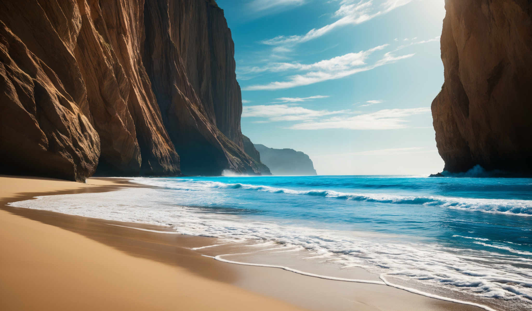 The image showcases a breathtaking coastal scene. The dominant colors are the deep blue of the ocean, the golden hue of the sandy beach, and the reddish-brown of the cliffs. The cliffs are tall and rugged, with sharp edges, and they tower over the beach. The ocean waves gently crash onto the shore, creating white foam. The sky above is clear with a few scattered clouds, allowing sunlight to illuminate the scene.