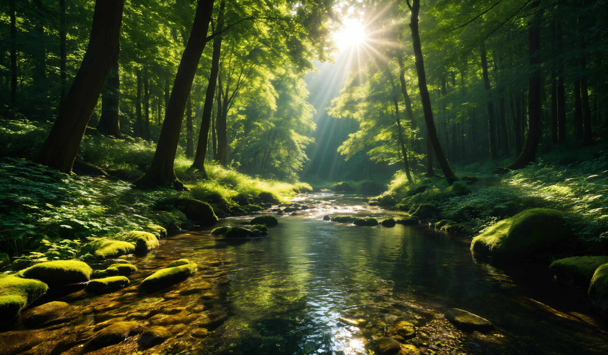 The image showcases a serene forest scene with a variety of colors. The dominant colors are shades of green from the dense foliage, brown from the tree trunks, and a hint of blue from the sky peeking through the canopy. The forest floor is covered with moss-covered stones and ferns, and there's a gentle stream flowing through, reflecting the sunlight. The sun itself is shining brightly, casting sunbeams that pierce through the trees and create a dappled light effect on the forest floor.