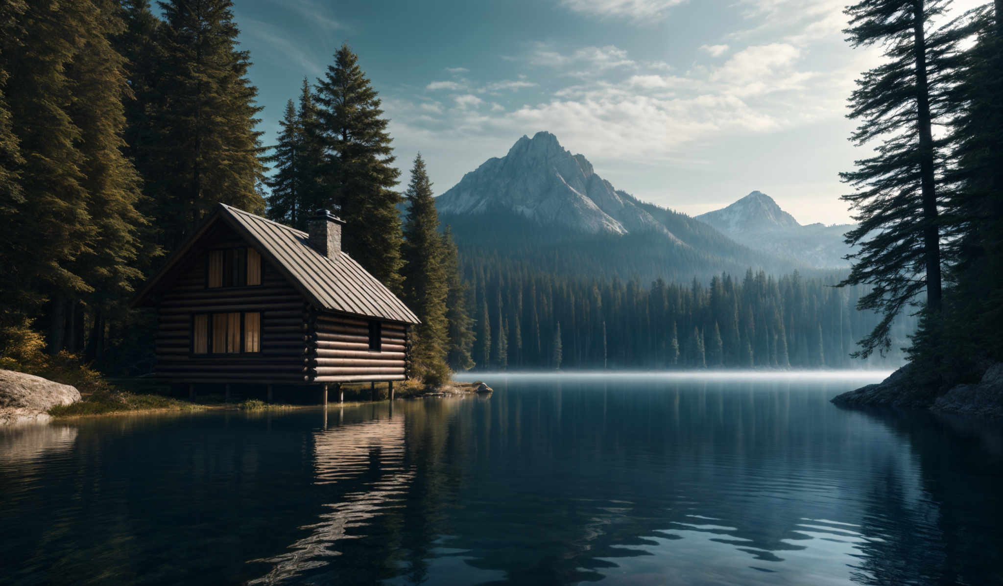 The image showcases a serene landscape with a large, triangular mountain in the background. The mountain is partially covered in snow and is surrounded by dense forests of tall pine trees. In the foreground, there's a calm, reflective lake with a wooden cabin situated on its edge. The cabin has a sloping roof and large windows, and it's illuminated from the inside, suggesting that someone might be inside. The sky above is clear with a few scattered clouds, and the overall color palette is dominated by cool tones of blue and green.