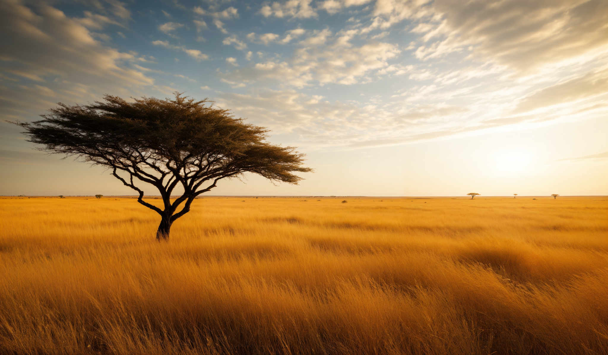 The image showcases a vast expanse of golden-yellow grasslands stretching to the horizon. A solitary tree with a broad canopy stands prominently in the foreground, its silhouette contrasting against the bright sky. The sky is painted with a mix of blue and white, dotted with fluffy white clouds that seem to be illuminated by the setting or rising sun. The sun itself is not directly visible, but its warm glow bathes the entire scene in a golden hue.