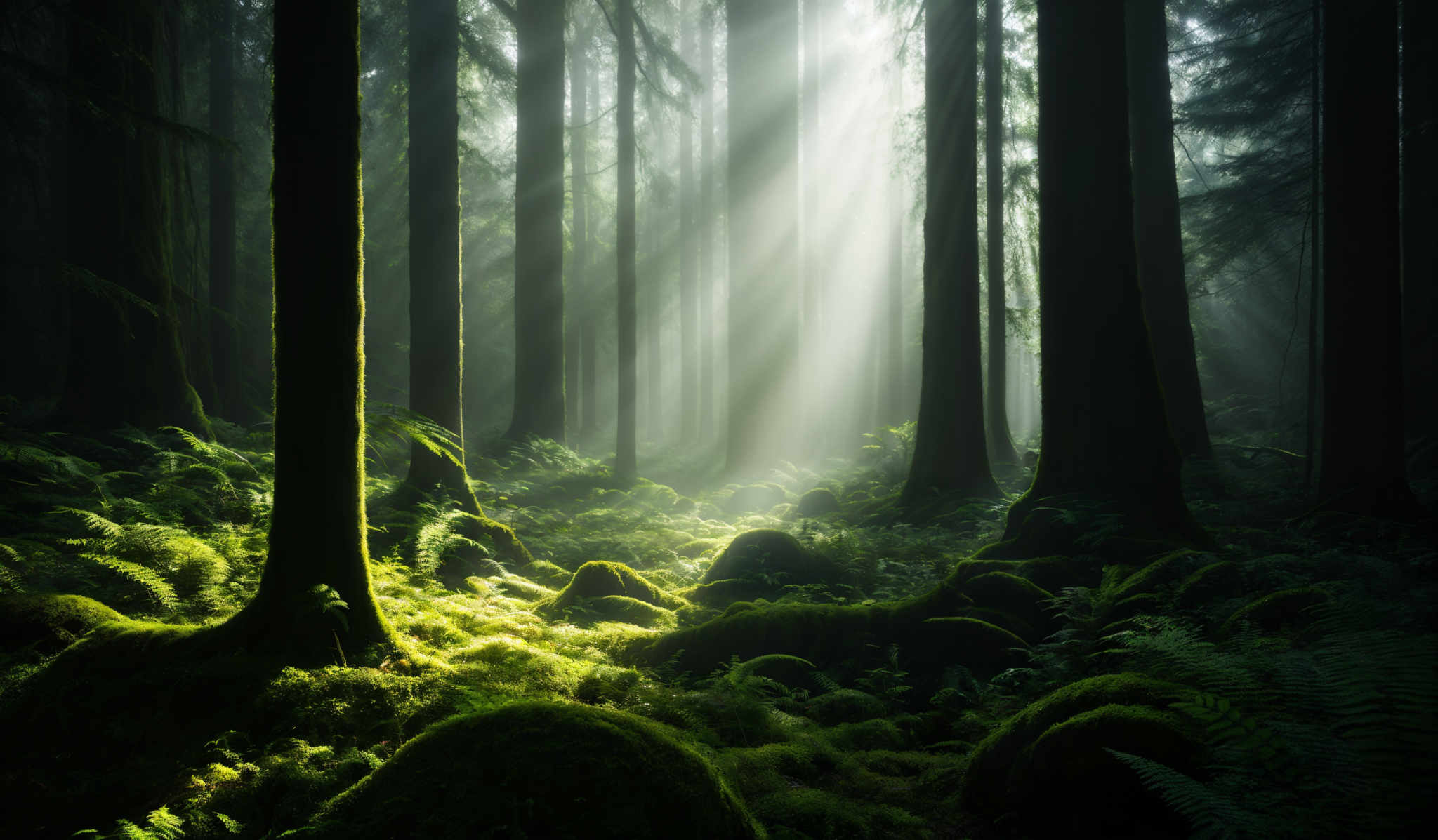 The image showcases a dense forest with tall, slender trees. The trees have a dark brown bark, and the forest floor is covered with vibrant green moss and ferns. The sunlight pierces through the trees, creating a beautiful play of light and shadow on the forest ground. The overall color palette is dominated by shades of green, brown, and white, giving the image a serene and mystical ambiance.