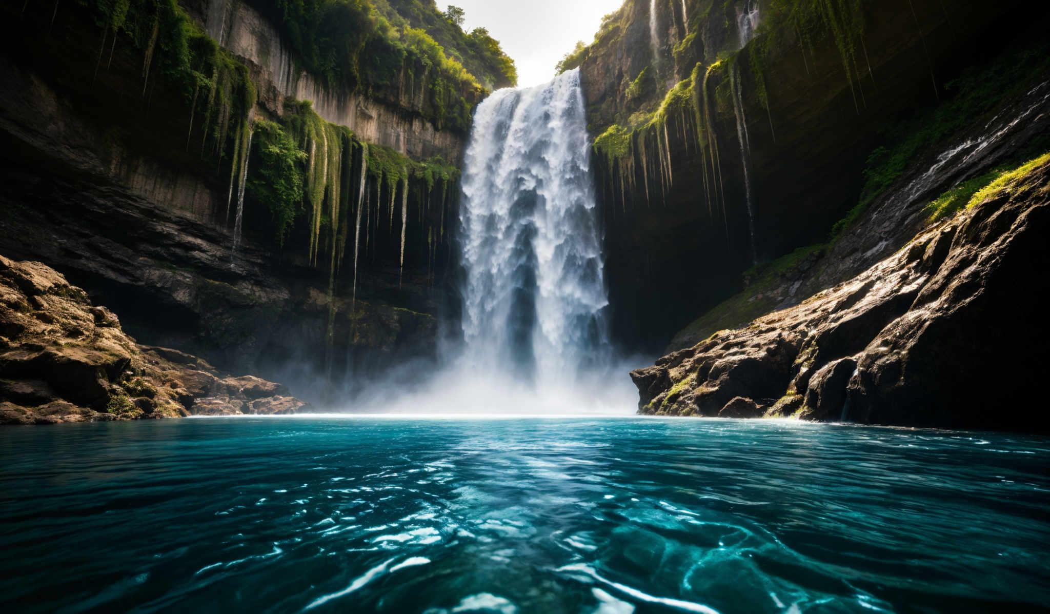 The image showcases a breathtaking waterfall cascading down from a high cliff surrounded by lush green vegetation. The waterfall is characterized by its powerful flow, creating a misty aura at its base. The surrounding area is adorned with hanging moss and greenery, giving it a serene and untouched appearance. The pool at the base of the waterfall reflects the sky and the water, adding to the tranquility of the scene.