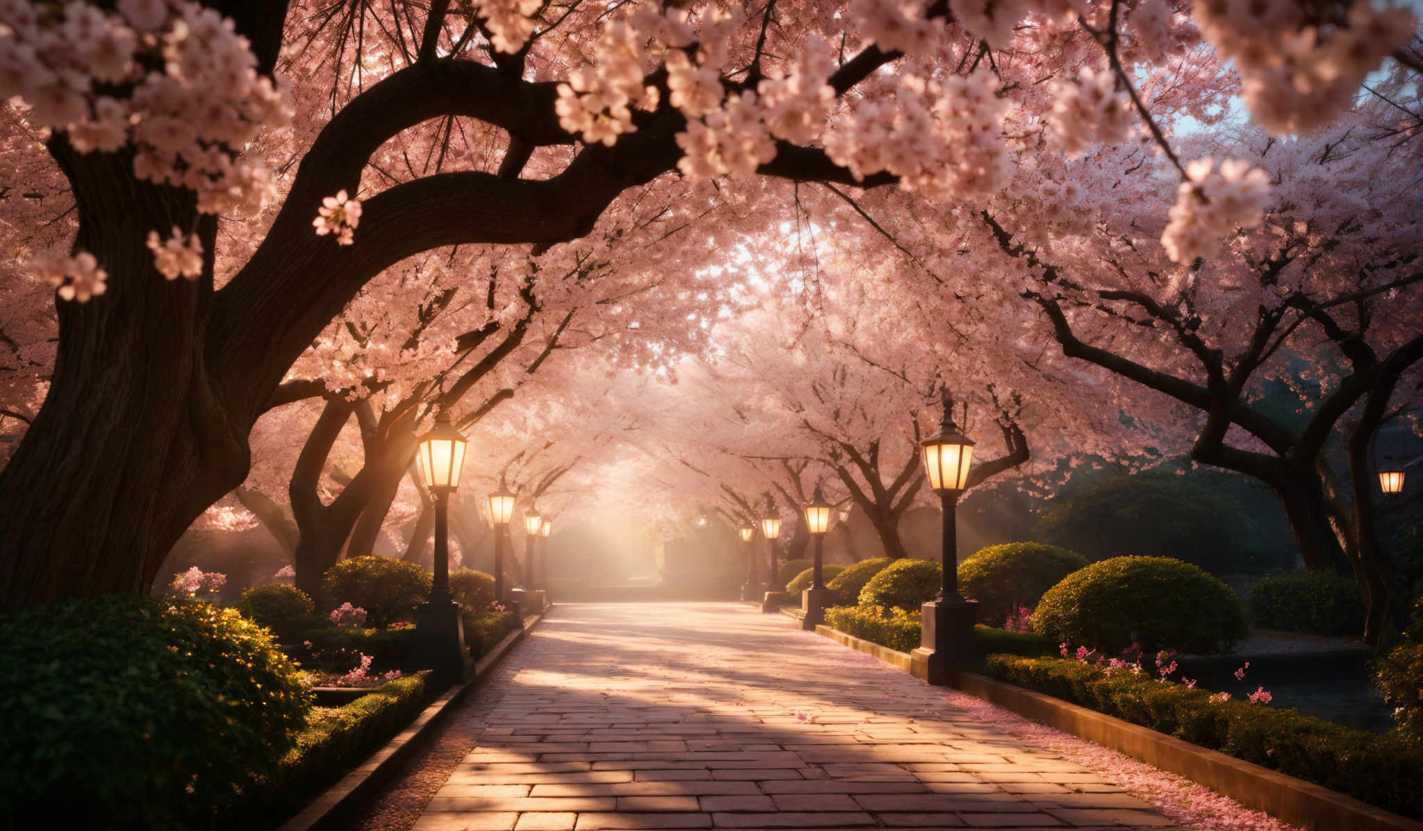 The image showcases a picturesque scene of a pathway lined with tall, curving cherry blossom trees. The trees are in full bloom, with their pink blossoms creating a canopy overhead. The pathway is made of stone slabs, and on either side of the path, there are well-maintained shrubs and small flowering plants. Along the pathway, there's a series of ornate lampposts that emit a warm, golden light. The sunlight filters through the blossoming trees, casting a soft glow on the path and creating a serene ambiance.