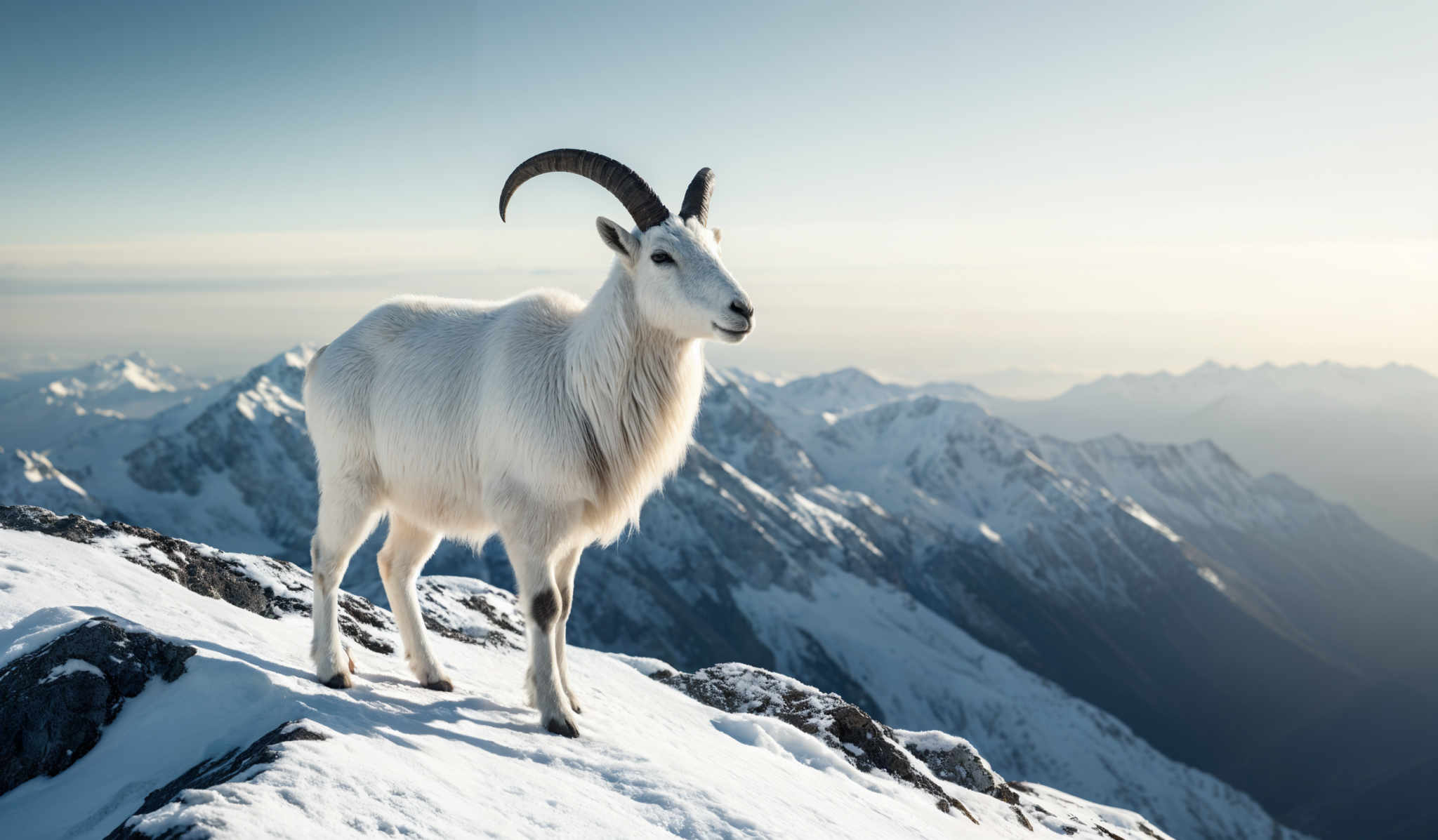 The image showcases a white, mountain goat with curved horns standing on a snow-covered rocky terrain. The goat's fur appears thick and fluffy, suitable for cold environments. In the background, there are snow-capped mountains under a clear blue sky. The sunlight casts shadows on the mountains, highlighting their ruggedness.