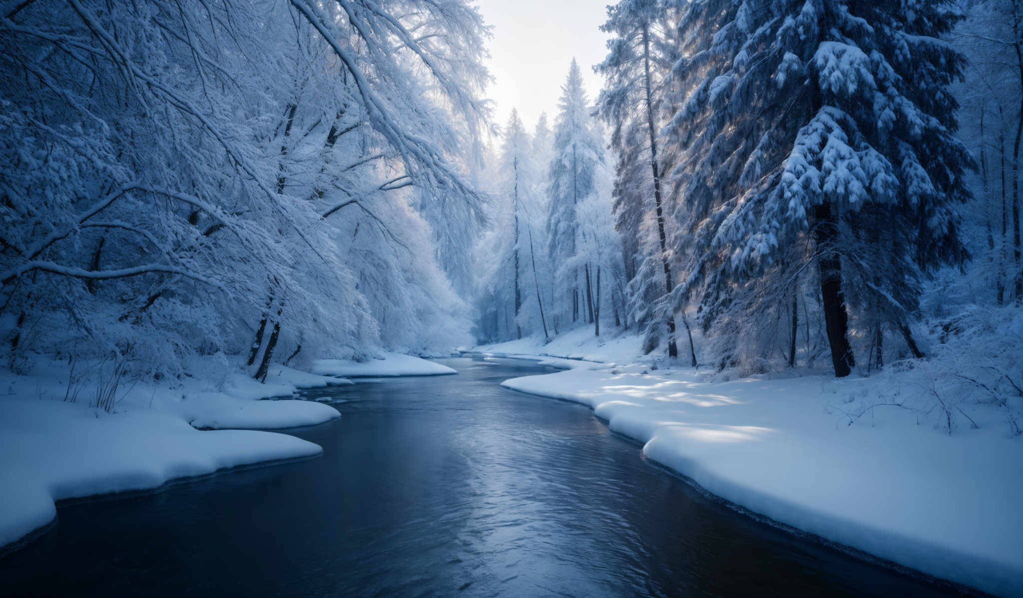 The image showcases a serene winter landscape. The dominant colors are various shades of blue and white, representing the snow-covered trees and the icy water. The trees, laden with snow, have a dense and tall appearance, creating a canopy that filters the sunlight. The water, flowing gently, reflects the surrounding trees and sky, adding a touch of color to the predominantly blue scene. The overall shape is organic, with the trees and water forming natural curves and patterns.