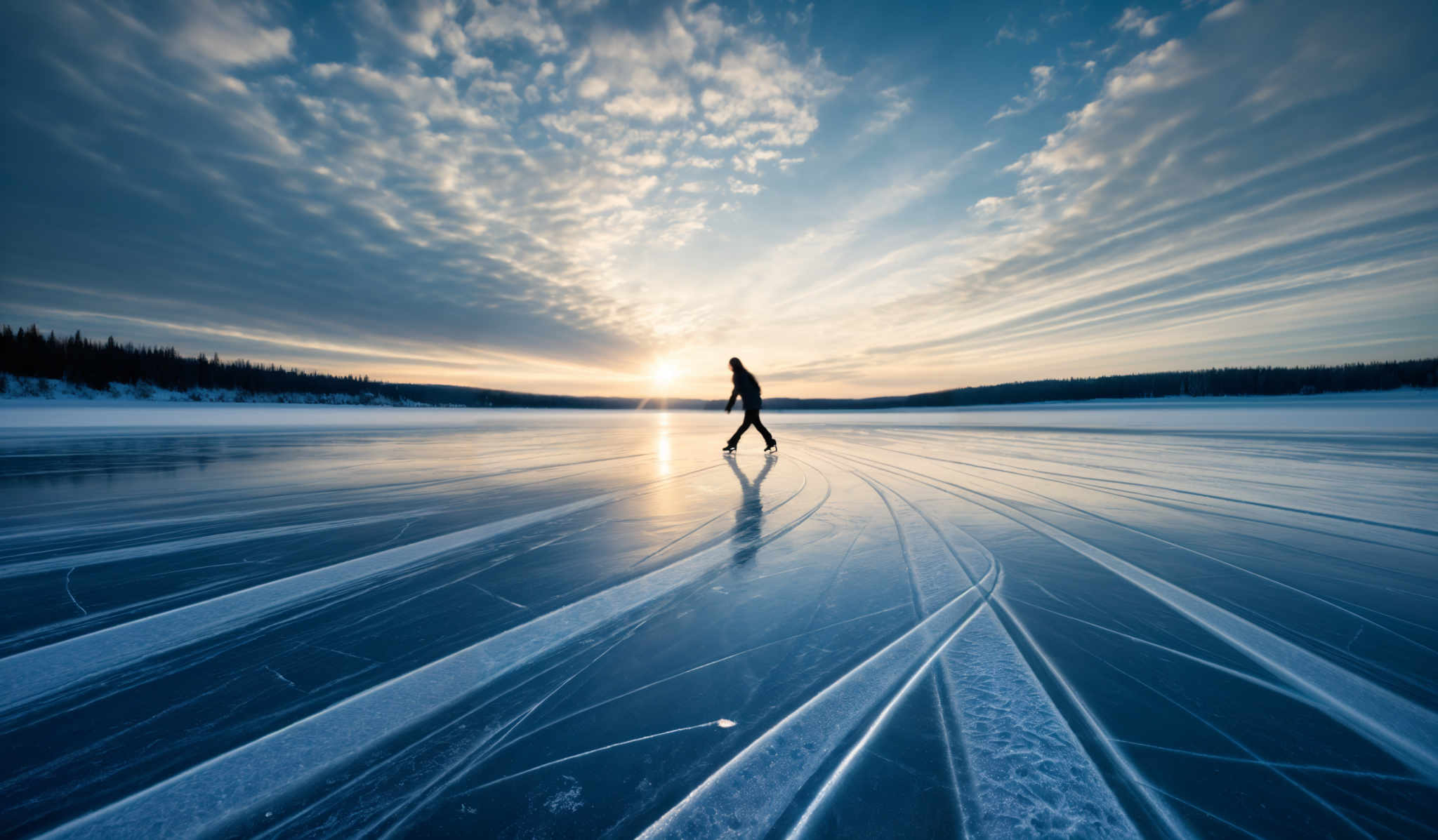 The image showcases a vast expanse of a frozen body of water, with intricate patterns of cracks and lines on its surface. These patterns are likely formed by the freezing and thawing of the water over time. The sky above is a mix of deep blues and whites, with scattered clouds illuminated by the sun, which is setting or rising on the horizon. The sun casts a warm golden hue, contrasting with the cold blue tones of the ice and water. On the right side of the image, a solitary figure can be seen ice skating, adding a dynamic element to the serene landscape.