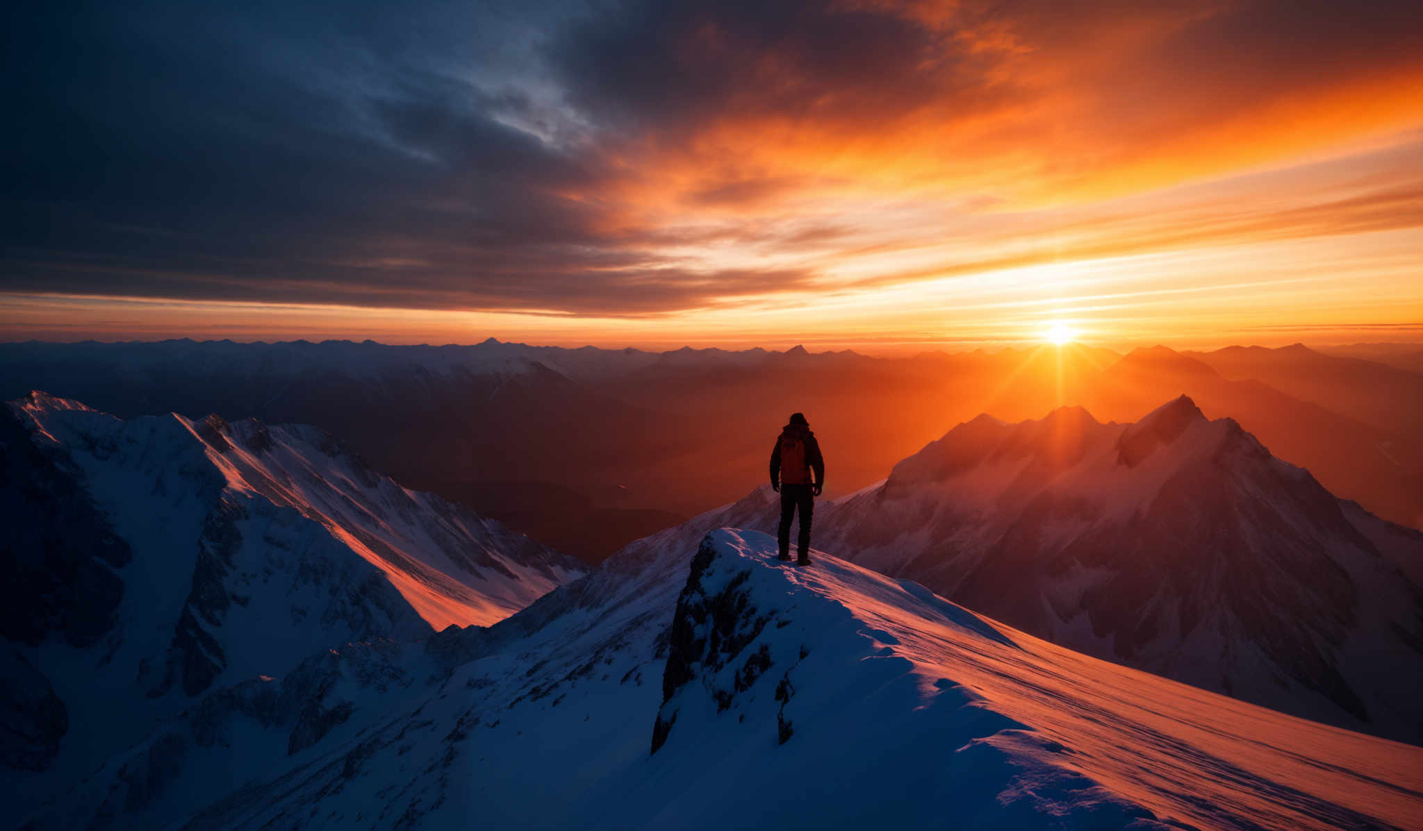 The image showcases a breathtaking view of a mountainous landscape during sunset. The sky is painted with hues of orange, gold, and deep blue, with the sun casting a radiant glow over the horizon. The mountains are covered in snow, with sharp peaks and ridges. The sun's rays pierce through the clouds, creating a dramatic effect. In the foreground, a silhouette of a person stands atop a snowy ridge, overlooking the vast expanse of the mountains, adding a sense of scale and wonder to the scene.