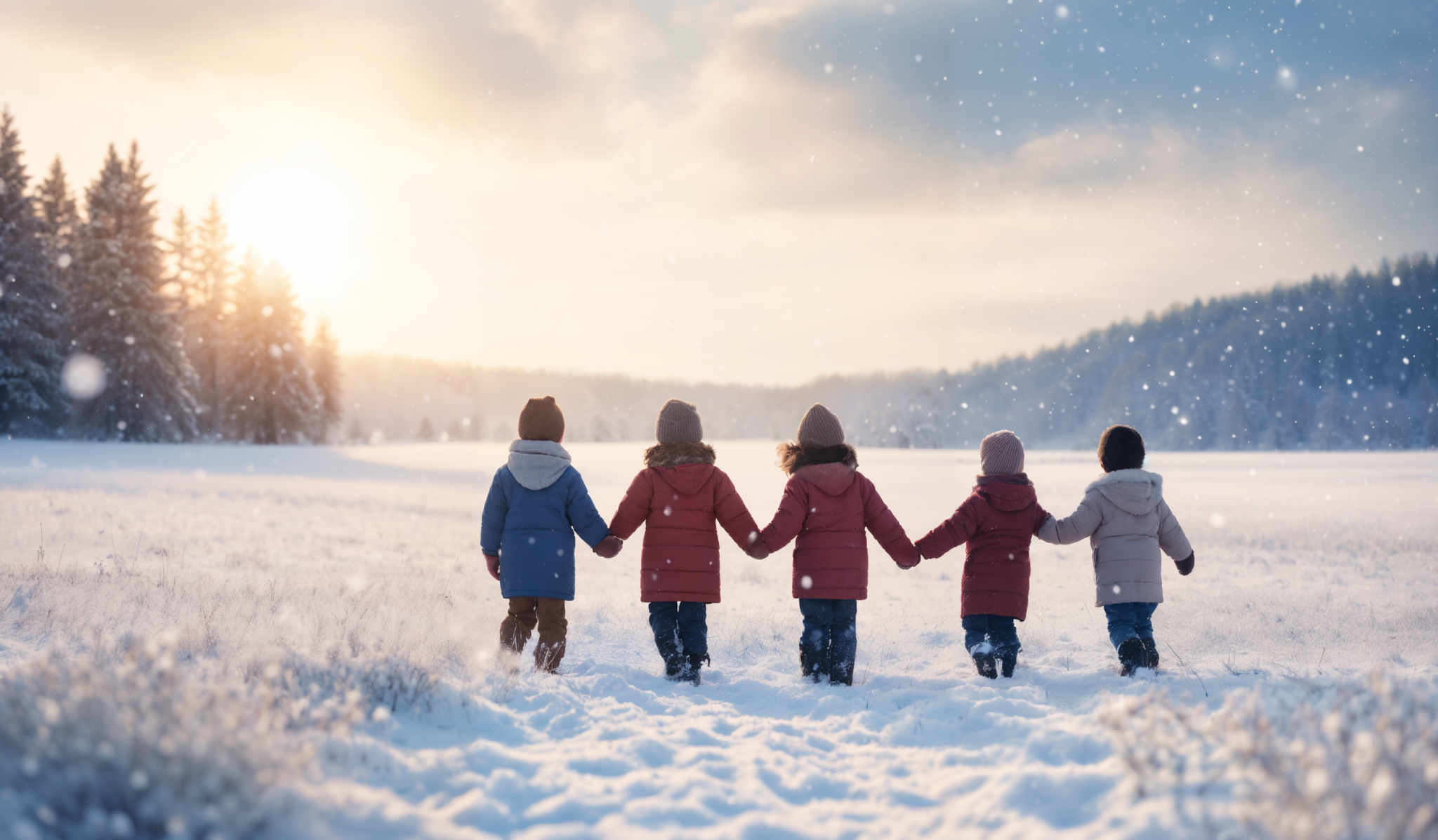 The image showcases a picturesque winter landscape. The sky is painted with hues of blue and gold, indicating either a sunrise or sunset. Snowflakes are gently falling, creating a serene atmosphere. The ground is blanketed in a thick layer of snow, with tall pine trees lining the horizon. In the foreground, five children, dressed warmly in winter clothing, are seen from behind, holding hands and walking together. The children are wearing hats and jackets, and their footprints are visible in the snow.