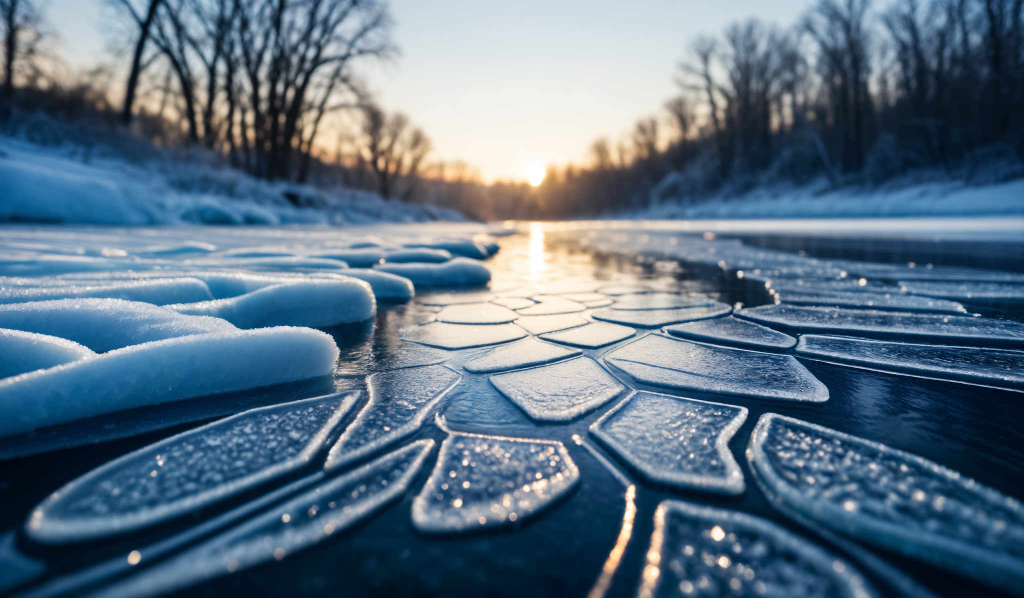 The image showcases a breathtaking winter landscape. The foreground prominently features ice formations, which are translucent and have a variety of shapes, resembling both geometric patterns and organic forms. These ice formulations are interspersed with patches of snow. The ice has a crystalline structure, with some areas reflecting light, giving them a shimmering appearance. The background reveals a serene body of water, possibly a river or a lake, with the sun setting or rising on the horizon. The sky is clear, and the silhouette of trees can be seen lining the water's edge, covered in snow.