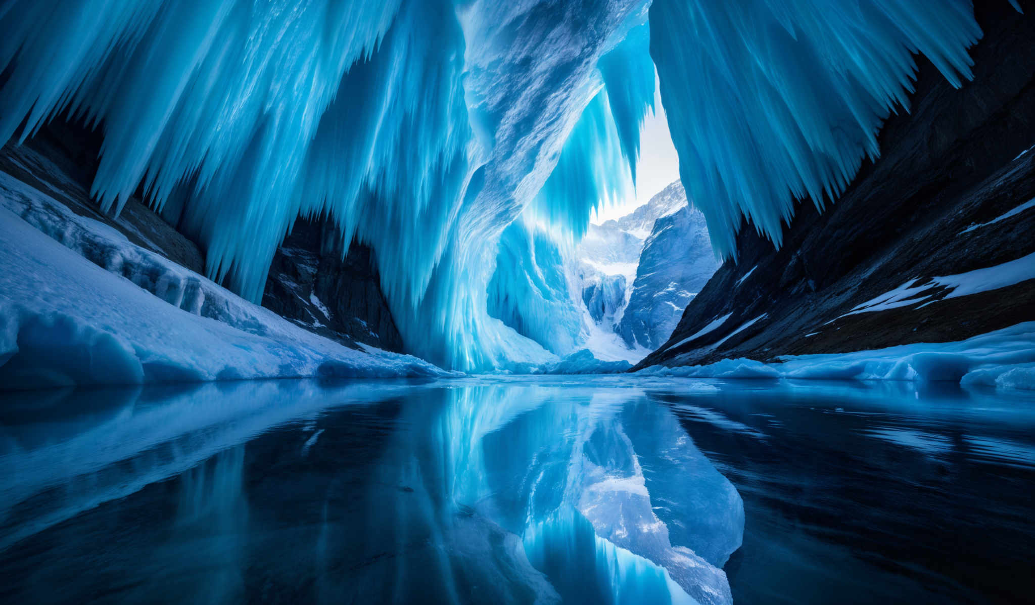 The image showcases a breathtaking view of a frozen landscape. The dominant color is a deep shade of blue, representing the ice and the reflection in the water. The ice formations are tall and slender, resembling icicles hanging from the ceiling of a cave. The ground is covered in snow, and there are patches of exposed rock. The water below reflects the ice formulations, creating a mirrored image. In the distance, there are more icy structures and mountains, hinting at the vastness of this icy realm.