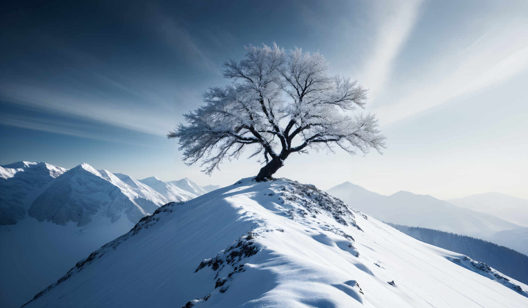 The image showcases a breathtaking winter landscape. Dominating the foreground is a snow-covered ridge with a solitary tree, its branches covered in a thick layer of frost or snow. The tree stands tall and is the focal point of the image, contrasting beautifully against the vast snowy expanse. In the background, majestic snow-capped mountains rise, their peaks illuminated by the soft light of the sky. The sky itself is a mix of deep blues and whites, with wispy clouds stretching across it. The overall color palette is cool, with shades of white, blue, and gray dominating the scene.