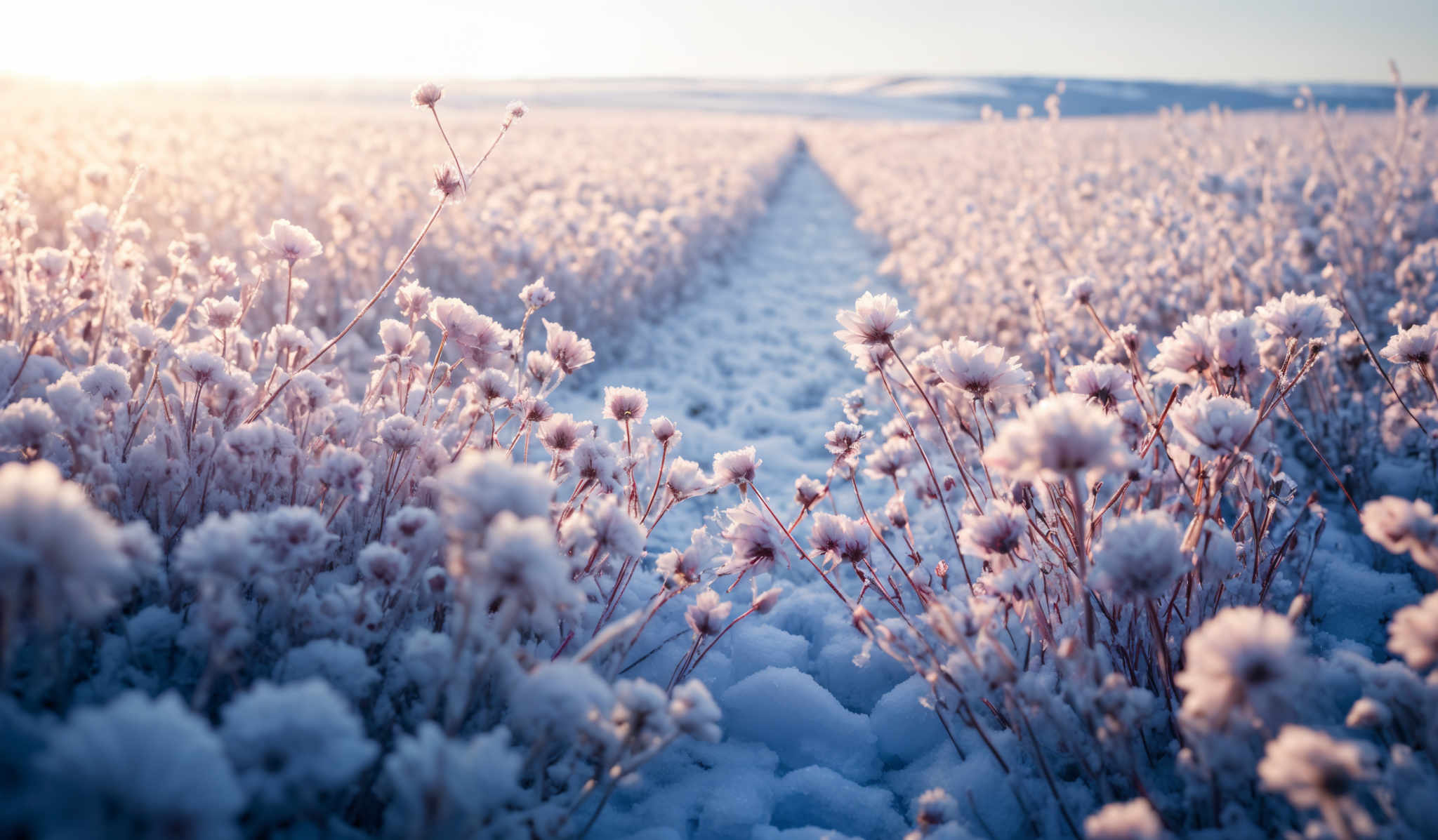 The image showcases a vast field covered with frost-covered plants. The plants have delicate, frostbitten flowers that are a soft pinkish hue. The frost gives the plants a crystalline appearance, and the entire scene is bathed in a soft, golden light, likely from the setting or rising sun. The horizon shows a gentle gradient of colors, transitioning from a warm golden hue to a cooler blue. The pathway in the middle of the field is also covered with a layer of frost, making it appear as though it's made of ice.