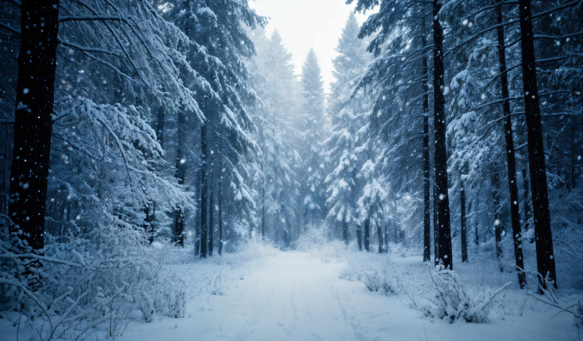 The image showcases a serene winter landscape. Dominating the scene are tall, slender pine trees covered in a thick layer of snow. The snow-covered branches create intricate patterns against the sky, which is painted in soft hues of blue and white. The ground is blanketed in a pristine white snow, with footprints visible, suggesting recent movement. The sky above is overcast, hinting at the possibility of more snowfall. The overall ambiance is calm, cold, and peaceful, evoking feelings of solitude and tranquility.