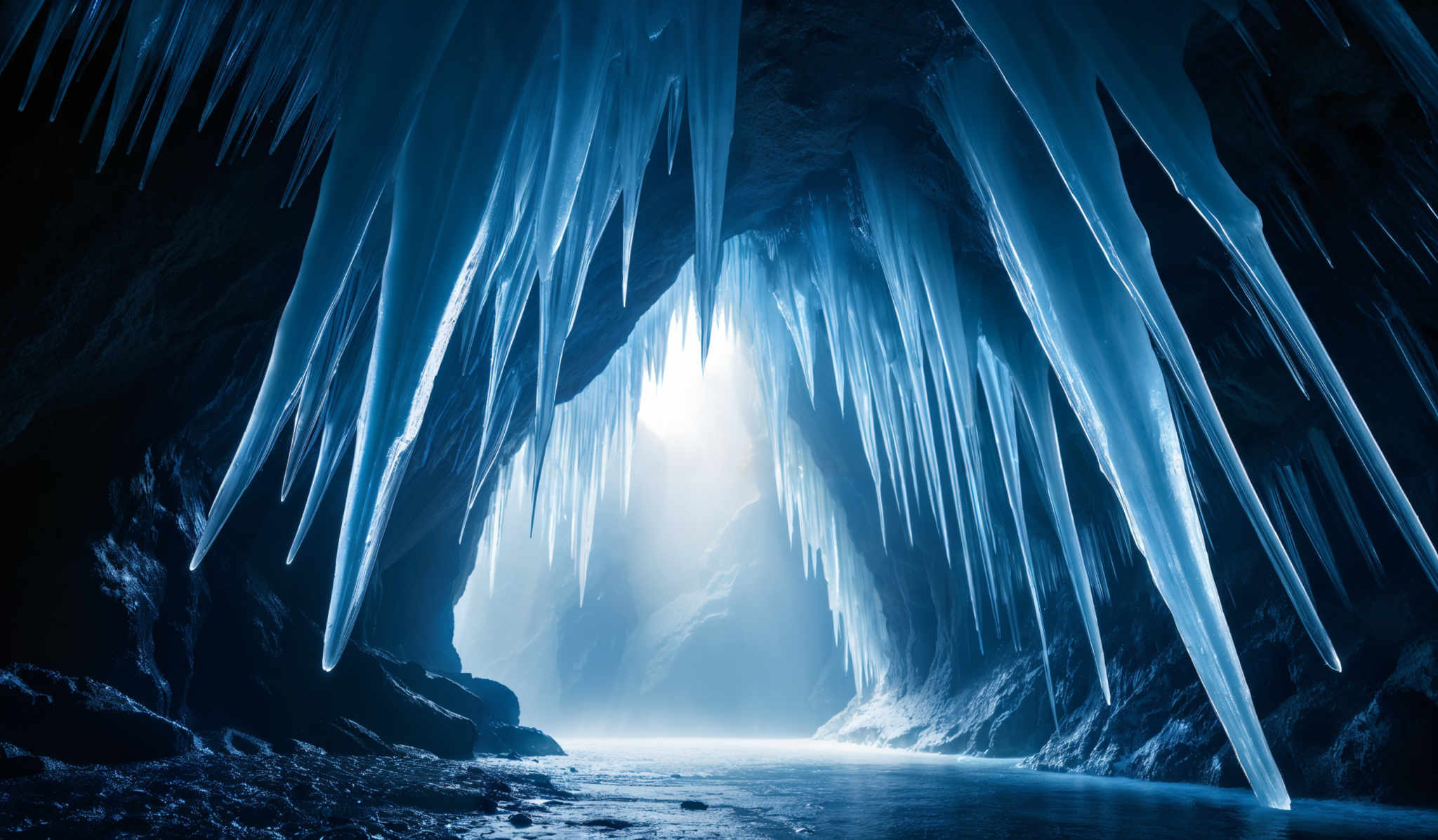 The image showcases a breathtaking view of an icy cave. The dominant colors are various shades of blue, ranging from deep navy to lighter icy blue. The cave's interior is adorned with long, translucent icicles hanging from the ceiling, creating an arch-like structure. The ground is rocky and uneven, with some areas covered in snow. A soft light source, possibly sunlight, filters through the icicles, casting a gentle glow and illuminating the cave' s interior.