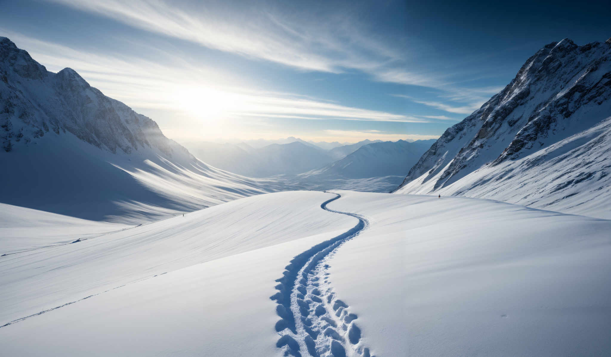 The image showcases a breathtaking snowy landscape with towering mountains on either side. The mountains are rugged with sharp peaks, and their slopes are covered in thick snow. The sky above is clear with a few wispy clouds, and the sun is shining brightly, casting a warm glow over the scene. In the foreground, there's a trail of footprints in the snow, leading the viewer's eye deeper into the mountains. The overall color palette is dominated by whites and blues, with the sun's golden hue adding a contrasting warm touch.