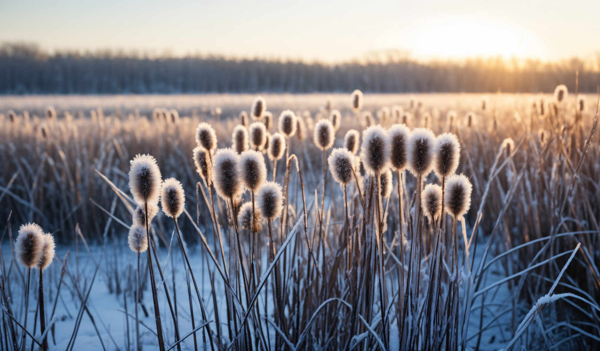 The image showcases a serene winter landscape during sunset or sunrise. The dominant colors are shades of blue, white, and gold. The foreground features tall, frosted plants with round, fluffy heads covered in a light dusting of snow. These plants stand tall against a backdrop of a snow-covered field. In the distance, a line of trees can be seen, silhouetted against the soft glow of the sun. The sky is clear, allowing the sun to cast a warm, golden hue over the scene.