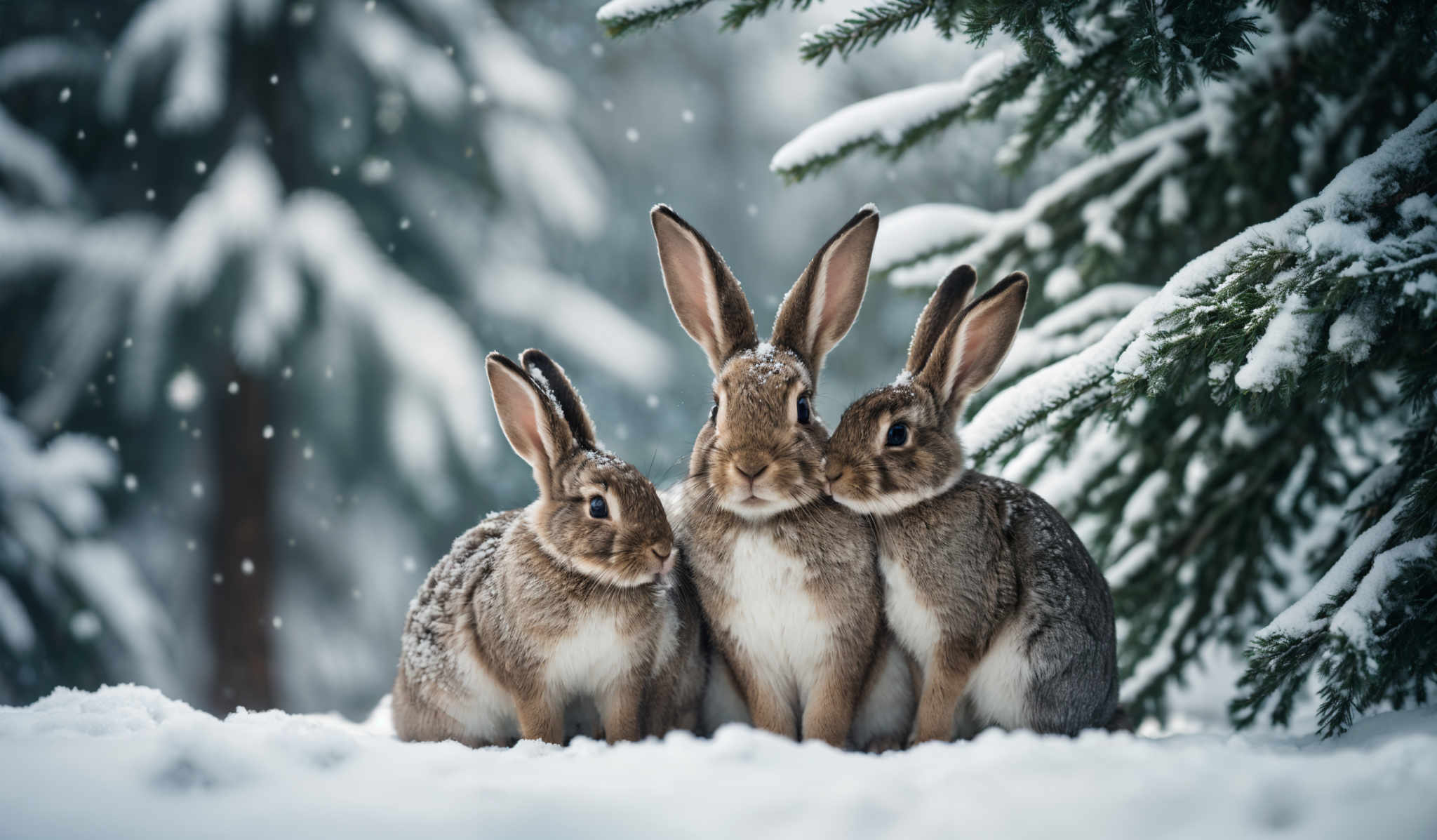 The image showcases three rabbits in a snowy environment. They are brown in color with white fur on their chest and paws. The rabbits are positioned close to each other, appearing as if they are huddling for warmth. Snowflakes can be seen falling around them, and they are surrounded by snow-covered trees. The overall mood of the image is serene and cold.