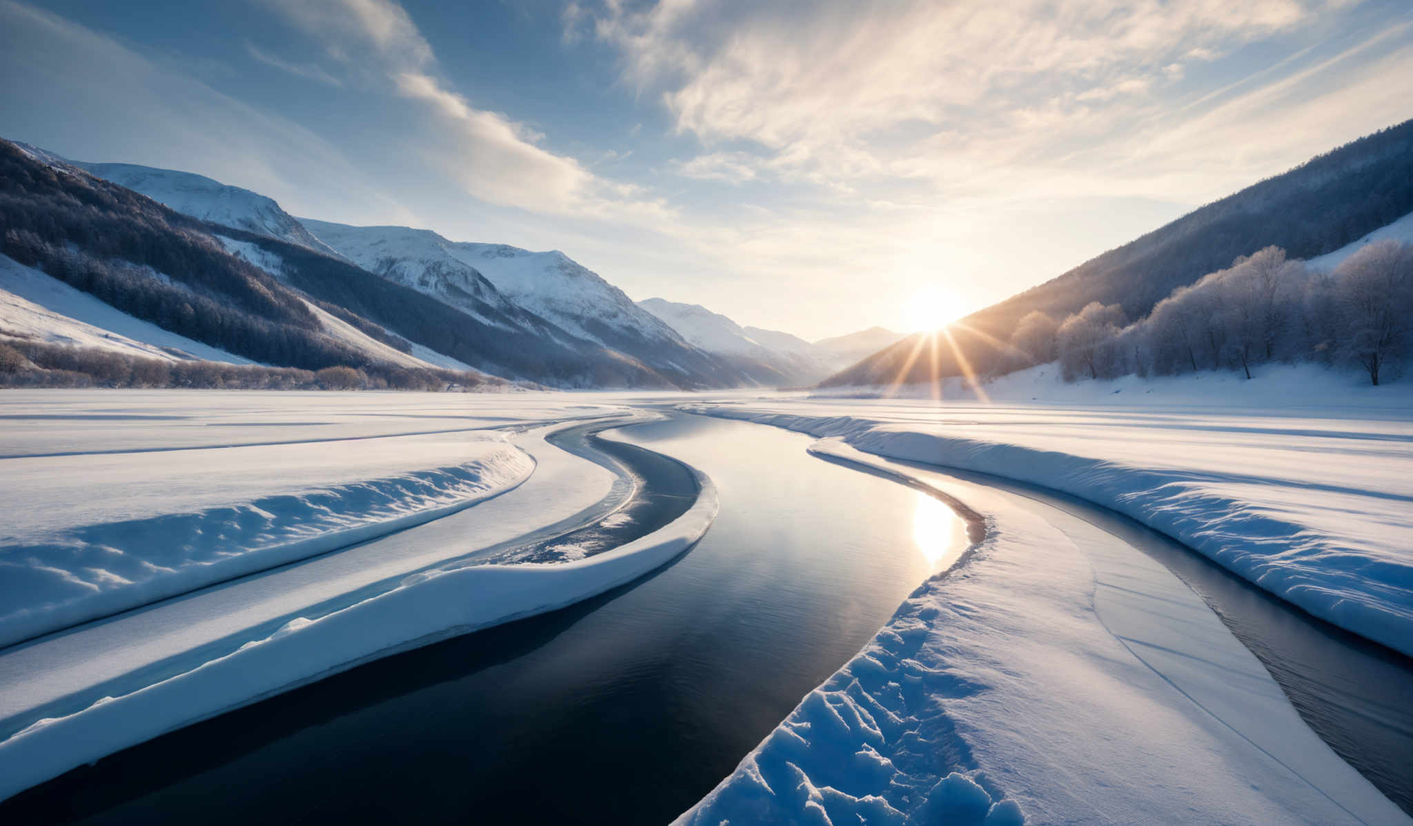 The image showcases a breathtaking winter landscape. Dominating the scene are snow-covered mountains with their peaks blanketed in white. The sun is setting or rising, casting a warm golden hue over the scene. In the foreground, there's a winding river or stream with parts of it frozen, reflecting the sky's colors. The sky is painted with soft blue and white clouds, and the overall color palette is a mix of cool blues, whites, and warm golden tones.