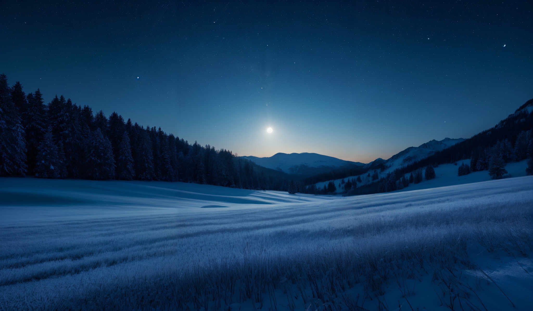 The image showcases a serene winter landscape at night. The dominant colors are shades of blue, white, and black. The sky is a deep blue, dotted with numerous stars. A bright moon or celestial body shines brightly in the center, casting a soft glow on the snowy landscape below. The foreground features a vast expanse of snow-covered ground with tall, frosted grasses peeking through. On either side, there are dense forests of tall pine trees, their branches heavy with snow. In the distance, majestic mountains rise, their peaks illuminated slightly by the moon's light.